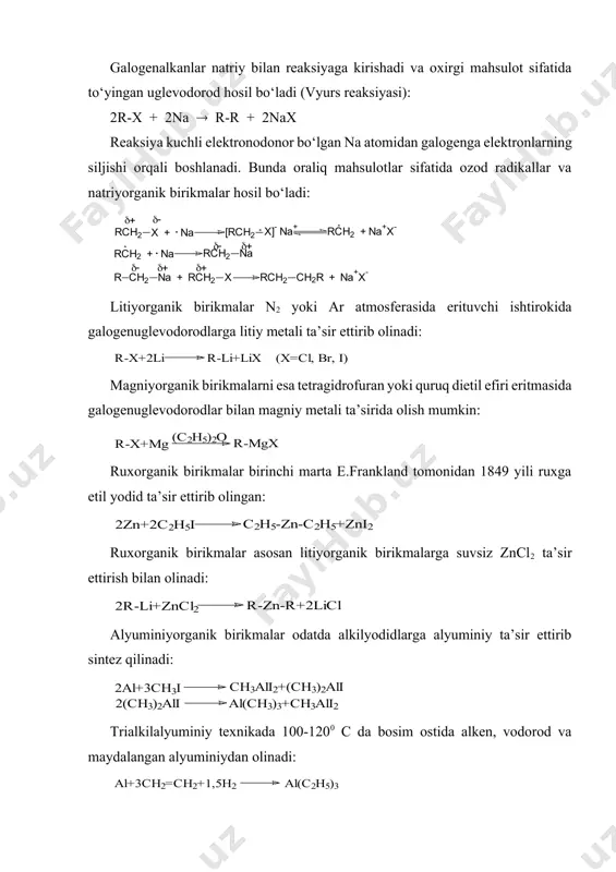 malar hosil bo‘ladi: litiyorganik birikmalar n2 yoki ar atmosferasida erituvchi ishtirokida galogenuglevodorodlarga litiy metali ta’sir ettirib olinadi: magniyorganik birikmalarni esa tetragidrofuran yoki quruq dietil efiri eritmasida galogenuglevodorodlar bilan magniy metali ta’sirida olish mumkin: ruxorganik birikmalar birinchi marta e.frankland tomonidan 1849 yili ruxga etil yodid ta’sir ettirib olingan: ruxorganik birikmalar asosan litiyorganik birikmalarga suvsiz zncl2 ta’sir ettirish bilan olinadi: alyuminiyorganik birikmalar odatda alkilyodidlarga alyuminiy ta’sir ettirib sintez qilinadi: trialkilalyuminiy texnikada 100-1200 c da bosim ostida alken, vodorod va maydalangan alyuminiydan olinadi: bu birikma havoda yonib ketadi. adabiyot: 1. o.ya.neyland organicheskaya ximiya. m.: «viysshaya shkola». 1990. s.219-223, 229, 248-256. 2. a.terney sovremennaya organicheskaya ximiya. m.: «mir». 1981. t.1. s.235-244. 3. k.n.axmedov, x.y.yo‘ldoshev organik kimyo usullari. 1-qism t.: «universitet». 1998. 113-148 b. image6.wmf image7.wmf image8.wmf image9.wmf image10.wmf image11.wmf image12.wmf image13.wmf image14.wmf image15.wmf image16.wmf image1.wmf image2.wmf image3.wmf image4.wmf image5.wmf