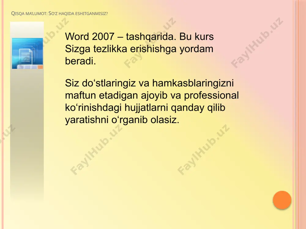 axtarib yurishingiz shart emas. uning o‘rniga: home rasmlar bilan ishlash format rasm uslublari rasm shakli rasm chegaralari rasm uchun effektlar 11 rasmdan tashqariga chertsangiz, rasmlar bilan ishlash g‘oyib bo‘ladi va boshqa guruhlar o‘z joyiga qaytadi. eslatma: talab bo‘yicha paydo bo‘ladigan vositalar jadvallar, chizmalar va diagrammalarga o‘xshagan boshqa harakat maydonlarida ham paydo bo‘ladi. kichkina vositalar paneli ba’zi formatlash buyruqlari shunchalik foydaliki, nima qilayotganingizdan qat’iy nazar siz ulardan erkin foydalanishni istaysiz. aytaylik, siz biror matnni tezda formatlashni istaysiz, lekin siz sahifalar belgilanishi ilovasida ishlayapsiz. formatlash parametrlarini ko‘rish uchun siz uy ilovasiga chertishingiz ham mumkin, lekin bu ishning tezkorroq usuli ham mavjud. sahifalar belgilanishi a23b 12 kichkina vositalar paneli ba’zi formatlash buyruqlari shunchalik foydaliki, nima qilayotganingizdan qat’iy nazar siz ulardan erkin foydalanishni istaysiz. sichqoncha yordamida matnni belgilang va tanlangan qismga o‘qtang. kichkina vositalar paneli xiraroq ko‘rinishda paydo bo‘ladi. agar kichkina vositalar paneliga o‘qtasangiz, u yaxlit ko‘rinishga o‘tadi va undagi formatlash parametrlaridan foydalanishingiz mumkin …