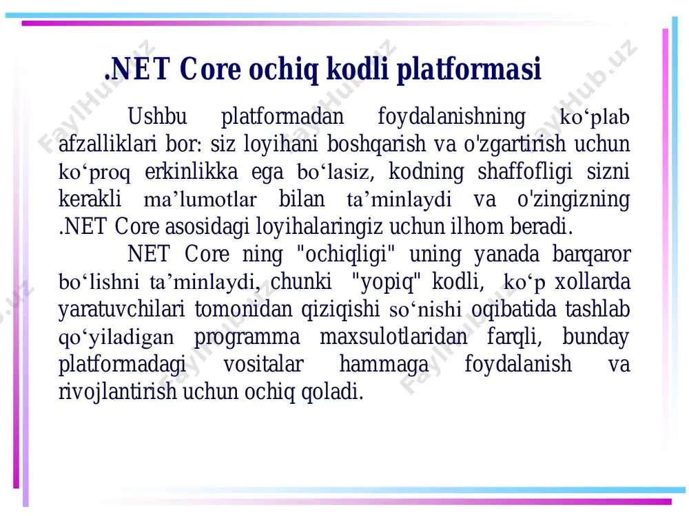 usuldagi tarqatish sizning ilovangiz foydalanayotgan .net core versiyasini toʻliq boshqarish imkonini beradi. har bir tarqatish usulining oʻziga xos xususiyatlari sizning ilovangizni ehtiyojlaringizga mos ravishda tarqatish imkoniyatini kafolatlaydi. dotnet core – krossplatformalikdir ushbu noyob dasturiy taʻminot platformasi allaqachon windows, macos x va linux operatsion tizimlarda ishlaydi. microsoft uchun bu galati harakat boʻlib tuyulishi mumkin boʻlsa-da, operatsion tizimlar va platformalar haqida gap ketganda moslashuvchanlik va segmentatsiyaga tobora koʻproq e’tibor qaratadigan texnologiya dunyosida bu juda muhimdir. dotnet core – krossplatformalikdir windows-dan boshqa platformalarda .net core-ning mavjudligi uni barcha ishlab chiquvchilar, shu jumladan mac va linux ishlab chiquvchilari tomonidan foydalanish uchun eng yaxshi nomzodga aylantiradi va butun .net platformasiga qayta aloqadan foydalanish imkoniyatini beradi. ushbu qoʻshimcha qayta aloqa barcha foydalanuvchilar uchun eng yaxshi ishlaydigan mahsulotga olib keladi va dotnet core ga oʻz dasturlarini platformaga bogʻliqmas, umumiy dasturiy ta’minot sifatida targʻib qilish imkoniyatini beradi. dotnet core yadrosi agile development capability (tezkor rivojlanish qobiliyati) imkoniyati oʻzaro …