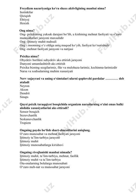 ish xotira va tasavvurlarga asoslanish ijtimoiy munosabatlarning paydo bо‘lishi dunyoni aks ettirish miyaning qaysi qismida sodir bо‘ladi? miya pо‘stlog‘ida oldingi miyada uzunchoq miyada о‘rta miyada xarakatning intellektual shakli bu... fahm-farosat bilan bog‘liq bо‘lgan aqlli xarakatlar shartli reflekslar bilan bog‘liq xarakatlar muhit о‘zgarishlari-ga moslashish shartsiz reflekslar bilan bog‘liq xarakatlar subyekt va obyekt tushunchalar tо‘g‘risidagi farq nimada? subyekt -“men”, obyekt - “men emas” subyekt –“boshqalar”, obyekt-“men” subyekt –narsalar, obyekt - odam ongning yuksak darajasi bо‘lmish tafakkurda refleks nima? organizmning tashqi muhit ta’siriga nerv tizimi orqali beradigan javob reaksiyasi bu aks ettirish tirik organizmning javob reaksiyasi bu insonga xos aks ettirish haqiqatni aks etgirishning muhim shaklini aniqlang. ongda aks ettirish oynada о‘z fizionomiyasining aks etishi narsalarning suvda aks etishi kimyoviy aks ettirish hayvon va insonning eng muhim farqi nimada? tafakkur va tilda sezgi va irodada temperamenti, xarakterida yuz va tana tuzilishida tropizm bu -: biologik omillarga maxsus harakatlar bilan reaksiya qilish tashqi dunyoni …