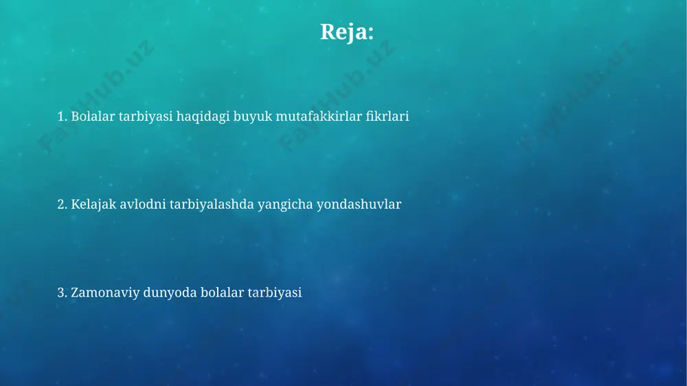 rivojlanishiga qaratilgan. o'rta asr mutafakkirlarining tarbiya nazariyalari alisher navoiy o'z asarlarida bolalarning intellektual va estetik tarbiyasiga alohida e'tibor qaratgan, 5 ta asosiy fazilatni – adolat, mehr-oqibat, saxovat, bilim va mehnatsevarlikni targ'ib qilgan. 13-asr buxoro olimi imom al-buxoriyning pedagogik qarashlarida axloqiy tarbiya, 7 yoshdan 15 yoshgacha bo'lgan bolalarga diniy bilim berish masalalari muhim o'rin egallagan. s. freud va psixodinamik yondashuv freydning 5 bosqichli psixoseksual rivojlanish nazariyasi, 0-6 yosh oralig'ida shaxsiyatning asosiy xususiyatlari shakllanishini ta'kidlab, bolalik tajribalarining ahamiyatini vena shahrida aniq ko'rsatadi. otalar va onalar bilan munosabatlardagi 1-3 yosh oralig'idagi erta bolalik tajribalari, freydning psixodinamik nazariyasiga ko'ra, keyingi hayotdagi shaxsiyatning shakllanishiga katta ta'sir ko'rsatadi, bu esa kelajakdagi munosabatlarga ham ta'sir qiladi. j. piaget va kognitiv rivojlanish nazariyasi shveytsariya psixologi j. pyaژe fikricha, bolaning kognitiv rivojlanishi atrof-muhit bilan o'zaro ta'siri va faol o'rganishi orqali amalga oshadi, bu esa 2 yoshdan 7 yoshgacha bo'lgan davrda sezilarli darajada kuchayadi. pyaژe o'zining kognitiv rivojlanish nazariyasida bolalarni …