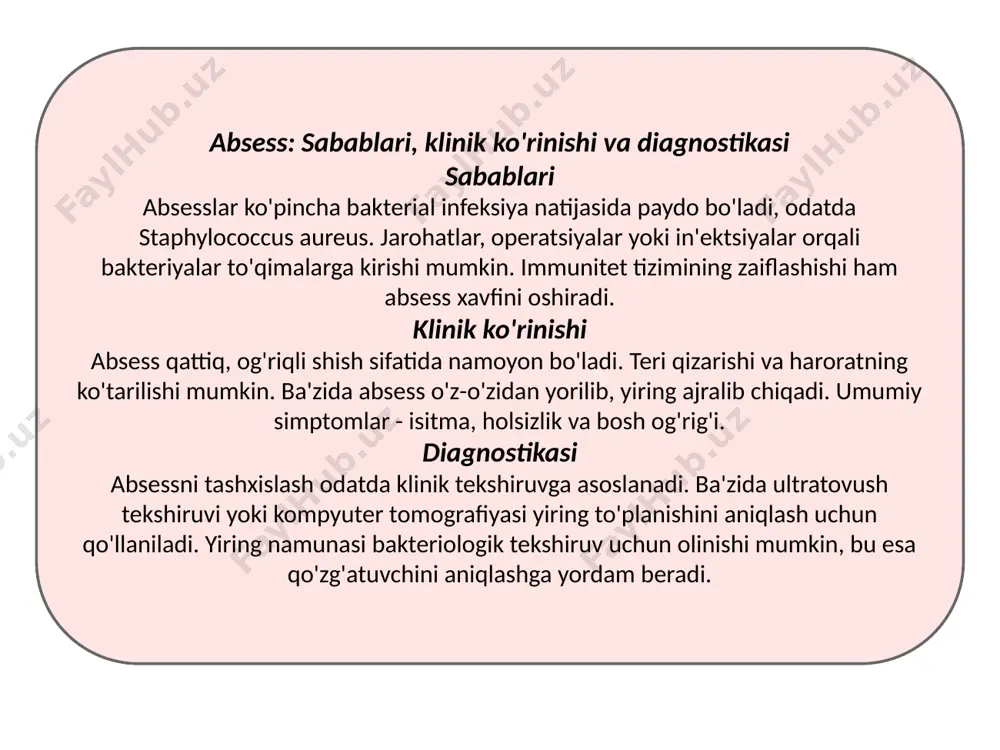 bu og'riqni kamaytirish, haroratni normallashtirish va umumiy ahvolni yaxshilashga qaratilgan chora-tadbirlar. xulosa ushbu taqdimotda biz jarrohlik infeksiyalarining asosiy turlari, ularning sabablari, klinik ko'rinishlari va davolash usullarini ko'rib chiqdik. jarrohlik infeksiyalarini oldini olish va davolashda erta tashxis, infeksiya manbaini yo'q qilish va antibiotikoterapiya muhim rol o'ynaydi. shaxsiy gigiena qoidalariga rioya qilish va immunitetni mustahkamlash infeksiya xavfini kamaytirishga yordam beradi. tayanch iboralar: infeksiya-(lot. inficio, infeci- yiqtirmoq, buzmoq, zaharlamoq)- patogen mikrob ( yoki virus) ning odam yoki hayvon organizmiga kirishi, koʻpayishi va ayni vaqtda mikrob bilan organizm oʻrtasida oʻzaro murakkab munosabat vujudukelishi. immunitet − lotinchada “ozodlik” ma’nosini bildiradi. u organizmni begona modda, hujayra, shu jumladan, bakteriya va viruslardan himoya qilish qobiliyatidir. drenaj (tibbiyotda) — jarohat yoki tana boʻshligʻidagi suyuqlikni shimib va soʻrib tashqariga chiqarish uchun qoʻllaniladigan maxsus buyumlar, ularga shasha doka turundalar, rezina yoki xlorvinildan yasalgan naychalar kiradi. eʼtiboringiz uchun raxmat.