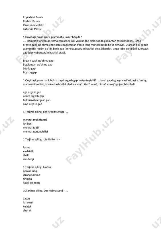qaramay orqali tarjima qiling. der bauberuf - ... quruvchilik kasbi iqtisodchi savdogarlik kasbi xizmat ko'rsatish tarjima qiling. nachdenken - ... o'ylab ko'rmoq ishlamoq bormoq malaka oshirmoq sifatlarning nemis tilida necha xil turlanishi mavjud? 3 2 1 6 tarjima qiling. der erfolg - ... muvaffaqiyat kamchilik mas'uliyat muloqot quyidagi sinonim bog'lovchilardan qaysi biri eng ko'p qo'llaniladi? indessen, während, indes, indem, wobei während indessen indes indem ta'rifni to'ldiring. ... ish-harakat to‘ldiruvchi tomonidan bajarilib, gapning egasiga qaratilgan bo‘ladi va bu faqat o‘timli fe’llarga xosdir. majhul nisbat aniq nisbat modal fe'l zamon kategoriyasi ushbu ta'rif qaysi fe'l zamoniga tegishli. ... werden yordamchi fe’lining perfekti va mustaqil fe’lning sifatdosh ii shaklidan yasaladi. perfekt passiv perfekt aktiv futurum plusquamperfekt ergashtiruvchi bog'lovchilarni toping! weil, als, ob, daß, obwohl, wenn, so daß der, die, das, welcher, welche, welches, wer, was wo, was, wie, warum, wohin, wann, weshalb worauf, womit, wobei, woraus, wofür, woran bog‘lovchili qo‘shma gaplarda ega ergash …