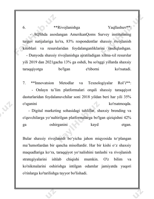 i jamiyat rivojiga hissasini qo'shadi. shaxs va jamiyat o'rtasidagi muvozanatli munosabatlar, shaxsning huquq va erkinliklari bilan jamiyatdagi majburiyatlar balansini saqlash muhim ahamiyatga ega. shaxslar uchun qabul qilingan huquqlar jumlada ko'rsatib o'tish mumkin. asosiy huquqlar – bu hayotga, erkin fikrlash va so'z erkinligiga, ta'lim olishga, sog‘lom muhitda yashashga bo'lgan huquqlardir. barcha huquqlar milliy qonunchilik hamda xalqaro an'analar bilan kafolatlanadi. shaxsning ijtimoiy rollarini ko'rib chiqish muhimdir. u ushbu rollar orqali jamiyatda turli xil vazifalarni bajaradi. shaxsning ijtimoiy rollari uning oilada, ishda, do'stlar orasida yoki keng jamiyatda qanday vaziyatda yo'naltirilganiga bog'liq. har bir shaxs bir necha ijtimoiy rolni bajarishi mumkin, masalan, ota-ona, ishchi, rahbar va boshqalar. jamiyat esa o'z niyyatlarida, maqsadlarida va faoliyatlarida shaxslar o'rtasidagi munosabatlarni tashkil etadi va nazorat qiladi. jamiyatdagi asosiy tizimlar orasida iqtisodiy, siyosiy, ma'naviy va ijtimoiy tizimlar muhim rol o‘ynaydi. iqtisodiy tizim jamiyatda resurslarning taqsimlanishi va foydalanilishini boshqaradi; siyosiy tizim esa jamiyatni boshqarishning institutlarini va qoidalarini belgilaydi; ijtimoiy tizim …