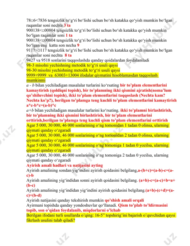 echishda 1000 ichida qoʻshish va ayirishning qaysi ogʻzaki usullaridan foydalaniladi sonning o’nli yozuviga asoslangan usullar 640-70 misolni og’zaki hisoblash usulida qanday qoida qoʻllanadi.sondan yig’indini ayirish 645-231 misolni ogʻzaki hisoblash usulida qanday qoida qoʻllanadi.yig’indidan yig’indini ayirish (600+40+5)-(200+30+1)=(600-200)+(40-30)+(5-1) 65-21 misolni yechishning metodik to‘g‘ri tengligini toping 68 – 25 misolni ogʻzaki hisoblash usulida qanday qoida qoʻllanadi.yig’indidan yig’indini ayirish (60+8)-(20+5)=(60-20)+(8-5) 6873>6□73 tengsizlik toʻgʻri boʻlishi uchun boʻsh katakka qoʻyish mumkin boʻlgan raqamlar soni nechta 1 ta 7+5 misolni yechishning metodik to‘g‘ri tengligini aniqlang 7+9 misolni yechishning metodik to‘g‘ri tengligini aniqlang 700+243 misolni yechishning metodik to‘g‘ri tengligini aniqlang 720 + 60 = (700 + 20) + 60 = 700 + (20 + 60) misolni yechishda 1000 ichida qoʻshishning qaysi ogʻzaki usullaridan foydalaniladi yig’indiga sonni qo’shish 7238+8978+2762 ifoda qiymatini ogʻzaki hisoblash mumkinmi ha 78□6 □117 tengsizlik toʻgʻri boʻlishi uchun boʻsh katakka qoʻyish mumkin boʻlgan raqamlar soni nechta 8 ta 9427 va 9518 sonlarini taqqoslashda qanday qoidalardan foydalaniladi …