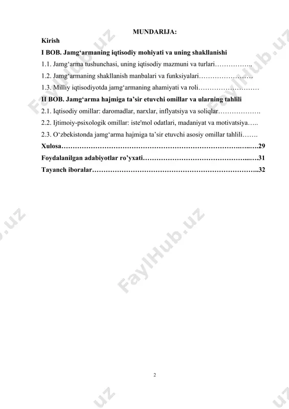 i tomonidan shakllantiriladigan jamg‘armalar davlatning moliyaviy mustaqilligini kuchaytiradi, investitsiya salohiyatini kengaytiradi, bandlik darajasini oshiradi hamda ijtimoiy himoya tizimini mustahkamlashga xizmat qiladi. shu bilan birga, zamonaviy iqtisodiy muhitda jamg‘armaga ta’sir etuvchi omillar – masalan, inflyatsiya darajasi, real daromadlar o‘sishi, kredit siyosati, moliyaviy savodxonlik darajasi, iste’mol madaniyati, ishonch muhitining shakllanishi kabi omillar murakkab tus olmoqda. bu esa jamg‘armaning shakllanishiga har xil ko‘rinishlarda ta’sir ko‘rsatmoqda. o‘zbekiston iqtisodiyotida so‘nggi yillarda amalga oshirilayotgan iqtisodiy islohotlar, bank-moliya tizimining liberallashuvi va raqamli moliya xizmatlarining kengayishi aholining jamg‘arma yuritish imkoniyatlarini oshirmoqda. biroq shunga qaramay, jamg‘arma hajmi past darajada saqlanib qolmoqda, bu esa iqtisodiy resurslardan yetarli darajada foydalanmaslikka olib kelmoqda. shu bois, jamg‘arma madaniyatini shakllantirish, uni oshirishga ta’sir etuvchi omillarni chuqur tahlil qilish va ilmiy asoslangan takliflar ishlab chiqish dolzarb ilmiy-amaliy masalalardan biridir. shuningdek, pandemiyadan keyingi davrda global moliyaviy beqarorlik, geosiyosiy xavflar va narxlarning keskin o‘zgarishi sharoitida jamg‘arma yuritish va u orqali moliyaviy xavflardan himoyalanish yanada muhim ahamiyat kasb …