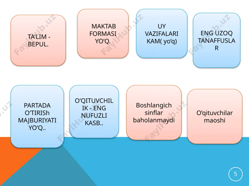 diy rivojlangan davlatlar ta’lim tizimi janubiy koreyada ta’lim tizimi . janubiy koreyada talim haqidagi qonun 1948 -yili qabul qilingan. talim tizimiga asos qilib an'anaviy g'arb modeli olingan . 6 yil - quyi maktab, 3 yil -o’rta, yana 3 yil - oliy maktab; so'ngra to’rt yillik kollej va bakalavr unvoni beriladi; tanlangan fan yana 2 yil chuqur o'rganilgandan so ng magistr unvonini olish mumkin. fan doktori bolish uchun yana 3 yil vaqt sarflash lozim. mamlakatda oliy o'quv yurtlarining ishlari yaxshi yolga qo’yilgan. koreyada 104 ta oliy o'quv yurti bo'lib, ularning 80 foizi xususiydir. har yili bitiruvchilarning 40 foizi o'qishga kiradi. talabalar soni bo'yicha koreya dunyoda birinchi o'rinda turadi. boshlang'ich maktab masalasiga kelganda (bu maktabga olti yoshli-lar kelishadi) sinflarning tig'izligini kuzatish mumkin. har sinfda 50 nafargacha bola o'qiydi. dars nagruzkalari ham ko'proq. o.'yinlar dam olish o'quv dasturiga kiritilgan. shuning uchun dam olishga imkoniyat bor. boshlang'ich maktabda dars 40 minut o'rta maktabda esa …