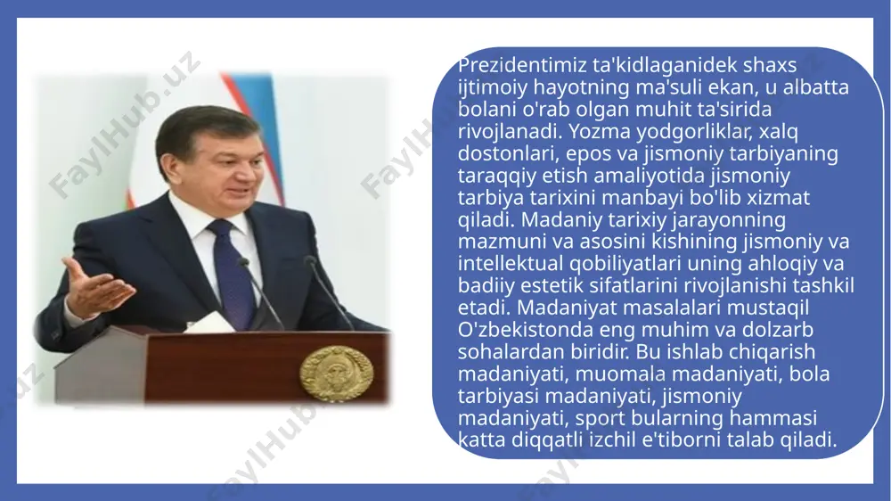 larini uni shakllari bilan ajralmagan bog'liqlikda deb qarash kerak. funksiya bilan shakl umum ilmiy metodologiya ko'rsatma bo'yicha bir-biridan ajralgan holda, balki bir-birini to'ldiradi. shuning uchun jismoniy madaniyat funksiyalarini ajratish.bir tuzumga tushurishda asosiy shakllariga, turlariga va ko'rinishlariga bog'lanmasdan rejalashtirish, tuzish mumkin emas. jismoniy madaniyat funksiyalarini bir butunlikda qaralganda, jismoniy madaniyatning ijtimoiy tizimi organik qismi bo'lib, ijtimoiy borliqning boshqa tomonlari bilan bog'liqdir. jismoniy madaniyatni tuzilishiga insonllarni hayot kechirishi turmush tarzi jiddiy ta'sir ko'rsatadi. 5)jismoniy madaniyatni har xil shakllarini xususiyati ishlatish doirasiga qarab, ijtimoiy sohani u yoki bu xususiyatini ochib beradi. masalan,ishlab chiqarish sohasiga kiritilgan jismoniy madaniyat, har kungi turmush hayotga kiritilgan jismoniy madaniyatdan farq qiladi. jismoniy madaniyat sohasidagi madaniyatning funksiyasi tajribada hamma vaqt yangi usullar yaratilishi, kishilarning psixologiyasiga ta'sir qilishida ham ko'rinadi. jismoniy madaniyatni rivojlanishi va ma'lum darajadagi vazifani bajarishi, jamiyatdagi hayot sharoitida belgilangan xarakterda ishlatilishiga qarab, uni aniq bahosi va roli bilan bog'liqdir. 6) jismoniy madaniyat tarixiy rivojlanish jarayonida jamiyatda asosiy …