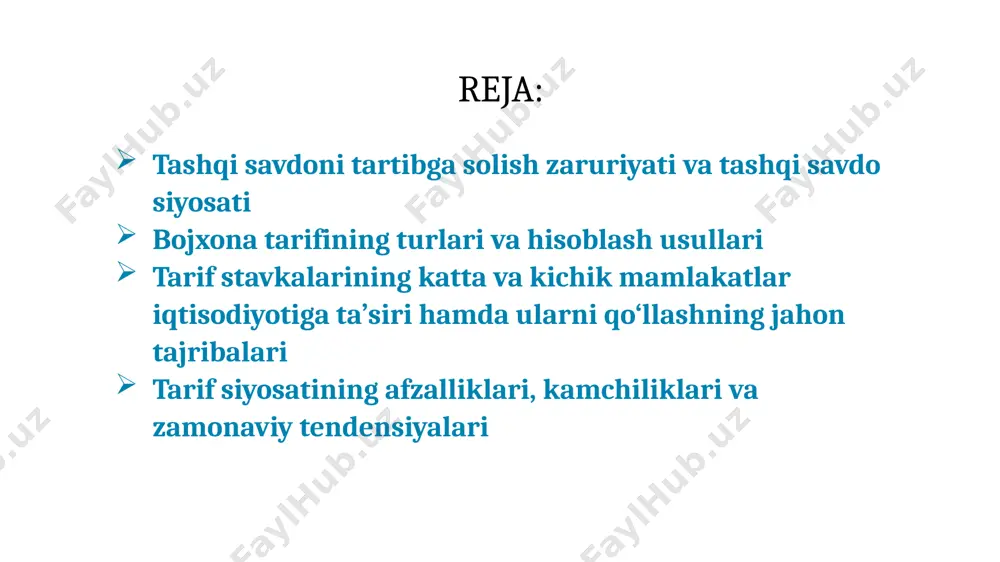 i kostyumlar ko‘ylaklar ipak 1,9 1,9 jun 12,0 14,3 paxta 11,3 20,0 sintetika 29,0 32,5 aqshda turli xil materiallardan tayyorlangan tovarlarga nisbatan qo‘llaniladigan tariflar tovar nomi aqsh buyuk britaniya yevropa ittifoqi shvetsiya yaponiya teri xomashyosi 1,1 5,4 0,0 0,0 0,0 teri 9,6 14,9 7,3 7,0 19,9 teri mahsulotlari 15,5 18,7 14,7 12,2 23,6 poyabzal 16,6 24 19,9 14 29,5 jun xomashyosi 11,4 0,0 0,0 0,0 0,0 ip-kalava 23 10 5,7 5,8 10 matolar 50,1 17,5 16 12,8 20 kiyim-kechak 22,1 20 20,5 14 22 sanoat jihatdan taraqqiy etgan mamlakatlar tomonidan qo‘llaniladigan tarif eskalatsiyasi (tovar bahosiga nisbatan foizda) t/r mamlakat byudjet hajmiga nisbatan foizda 1 pokiston 30,9 2 malayziya 28,23 3 xindiston 24,07 4 venesuela 18 5 koreya 14,01 6 argentina 13,31 7 rossiya 12 8 kolumbiya 11,58 9 gana 40,9 mamlakat budjetiga tariflardan kelib tushadigan tushumlar. import bojining milliy iqtisodiyotga ta’siri import tarifi tarifning katta mamlakat iqtisodiyotiga ta’siri talab taklif …