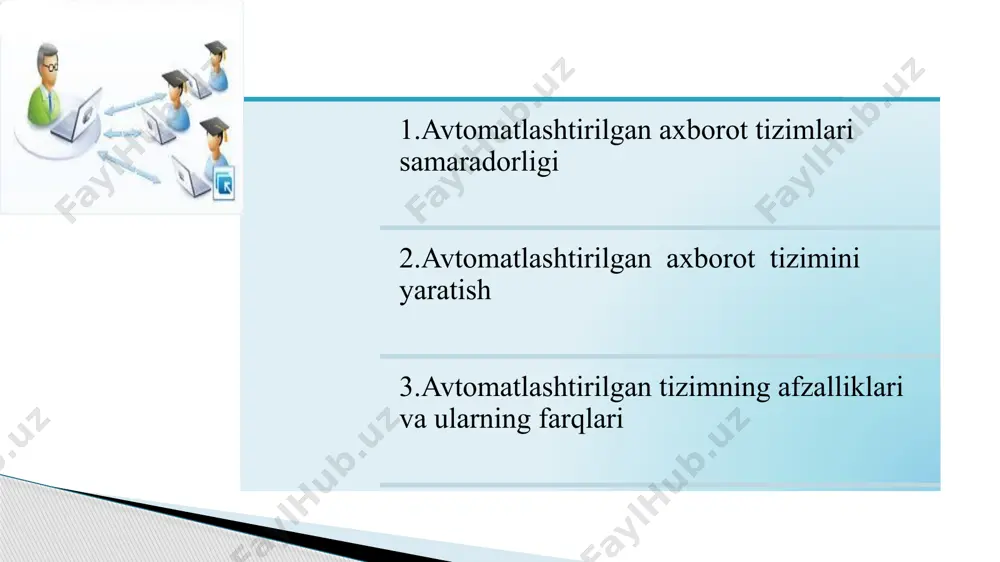 tadbirlar kompleksidan iborat bo’lib, ishlab chiqarish jarayoni, boshqaruv jarayonining u yoki bu ishini amalga oshirishda inson ishtirokini qisman yoki butunlay cheklash imkonini beradi. avtomatlashtirilgan o`qitish tizimlari. axborot tеxnologiyalarini kadrlarni tayyorlash va o`qitishda qo`llash uzluksiz ta'lim tizimining barcha bo`g`inlarida o`qitish jarayonlarida foydalaniladigan avtomatlashgan o`qitish tizimlarini(ao`t) yaratishga olib kеladi. axborot tеxnologiyalarini xududiy-ma'muriy boshqarish organlariga tadbiq etish xududiy axborot tizimlariga (xat) olib kеladi. ular mahalliy davlat organlari va boshqaruvning tahlil va boshqarish funktsiyalarini ta'minlash uchun yaratadi. xududiy tizim faoliyati mintaqada boshqaruv ishini sifatli bajarishga, hisobotni shakllantirishga, davlat va mahalliy ho`jalik organlariga tеzkor ma'lumotlarni bеrishga qaratilgan. insonning fiziologik va psixologik imkoniyati mazkur jarayonni boshqarish uchun etarli bo’lmasa; boshqaruv tizimi inson hayoti va salomatligi uchun xavfli muhitda bo’lsa; boshqaruv jarayonida ishtirok etish kishidan o’ta yuqori malakani talab etsa; boshqarish kerak bo’lgan jarayon o’ta tang yoki avariya holatida bo’lsa. avtomatlashtirilgan axborot texnologiyasi (aat) – boshqaruv vazifalarini hal etish uchun tizimli tashkil etilgan axborot jarayonlarini amalga oshirish …