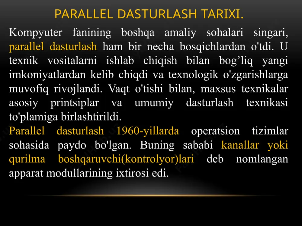sie, mentat, mpc, mpc++, parsec, pc++, sc++, uc++, boshqa: норма, abcl, adl, ada, concurrent clean, mc#, erlang, linda, modula-3, nesl, occam, orca, parallaxis, phantom, sisal, sr, zpl parallel dasturlash tillari turlari. o'zaro aloqani tashkil qilish uchun yuqori darajadagi aloqa kutubxonalari va interfeyslari (api) yordamida standart dasturlash tillarida dasturlash aloqa kutubxonalari, texnologiyalari va interfeyslari mpi, openmp, pvm, cvm, fm, gala, ga, hpvm, icc,quarklar, romio, shmem, svmlib, toops va boshqalar. parallellashtirishni tashkil etish bir nechta jarayonlar orqali bir nechta oqim orqali parallellashtirishni tashkil etish bir nechta jarayonlar orqali ilovani parallellashtirishning birinchi usuli-uni bir vaqtning o'zida bajariladigan bir nechta jarayonlarga bo'lish. jarayon 1 jarayon 2 oqim oqim jarayonlar o’rtasidagi aloqa parallellashtirishni tashkil etish bir nechta oqim orqali parallel tashkil etishga alternativ yondashuv - bu bir nechta oqimlarni bitta jarayonda ishlatish. oqimlarni engil jarayonlar deb hisoblash mumkin - har bir oqim boshqasidan mustaqil ishlaydi va har bir oqim boshqa buyruqlar ketma -ketligini bajarishi mumkin. …