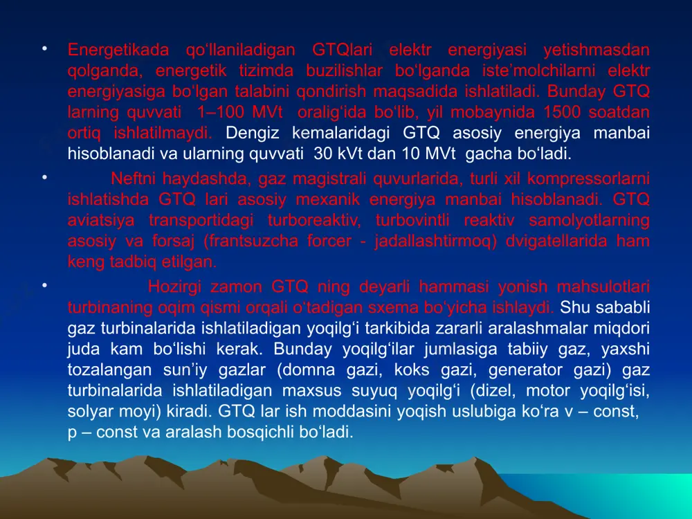 mik tadqiqotida quyidagi kattaliklar aniqlanadi: siklga keltirilgan va olib ketilgan issiqlik miqdori; ishchi jismning siklning xarakterli nuqtalaridagi asosiy parametrlari; siklning termik f.i.k. har qanday ichki yonuv dvigateli siklini tasvirlovchi kattaliklar quyidagilardir: siqish darajasi: bu kattalik ishchi jismning boshlang‘ich solishtirma hajmini siqish oxiridagi solishtirma hajmiga nisbatini ifodalaydi; bosimni oshish darajasi: bu kattalik izoxor issiqlik keltirish jarayonidagi boshlang‘ich va oxirgi bosimlar nisbatini ko‘rsatadi; dastlabki kengayish yoki izobar kengayish darajasi: bu kattalik izobar issiqlik keltirish jarayonidagi bosimni va oxirgi hajmlar nisbatini ko‘rsatadi. 3.bug’ turbina qurilmalari va reaktiv dvigatellar. bug‘ning issiqlik energiyasini bosqichma-bosqich mexanik energiyaga aylantirib beruvchi issiqlik mashinasi bug‘ turbinasi deyiladi. hozirgi paytda bug‘ turbinasi zamonaviy yirik elektr stantsiyalarining yagona dvigateli hisoblanadi. italiyalik olim d.branko bug‘ turbinasi modeliga hos bo‘lgan bug‘ g‘ildiragini 1629 yilda yaratgan, unda bug‘ oqimining kinetik energiyasi uyg‘otgan impulps kurakli gildirakni aylantirishga sarflangan. quvvati 4,4 kvt bo‘lgan birinchi bug‘ turbinasini (reaktiv turbina) 1885 yili ingliz muxandisi parsons yaratdi, 1913 yilda …