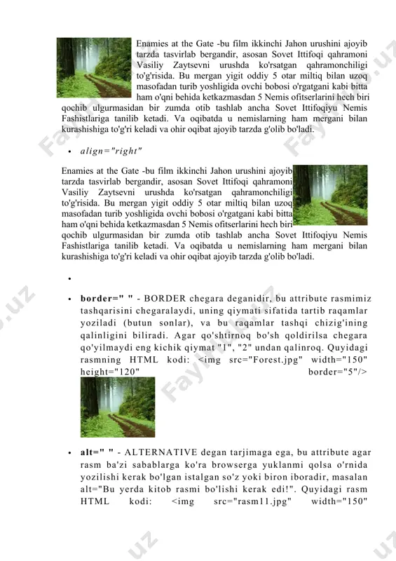 i va ohir oqibat ajoyib tarzda g'olib bo'ladi. · · border=" " - border chegara deganidir, bu attribute rasmimiz tashqarisini chegaralaydi, uning qiymati sifatida tartib raqamlar yoziladi (butun sonlar), va bu raqamlar tashqi chizig'ining qalinligini biliradi. agar qo'shtirnoq bo'sh qoldirilsa chegara qo'yilmaydi eng kichik qiymat "1", "2" undan qalinroq. quyidagi rasmning html kodi: · alt=" " - alternative degan tarjimaga ega, bu attribute agar rasm ba'zi sabablarga ko'ra browserga yuklanmi qolsa o'rnida yozilishi kerak bo'lgan istalgan so'z yoki biron iboradir, masalan alt="bu yerda kitob rasmi bo'lishi kerak edi!". quyidagi rasm html kodi: · width=" " - width rasm kengligi yoki bo'lmasam eni degan tushunchani beradi, uning qiymatlari "pixel" da belgilanadi, masalan width="300" rasmning enini 300 pixel qilib belgilaydi. "pixel" deb yozish shart emas. quyidagi rasm html kodi: · height=" " - height (balandlik) esa rasmning bo'yini belgilaydi bu attributening ham qiymatlari pixelda belgilanadi, masalan height="200", rasmning enidan bo'yini ozgincha pixel …