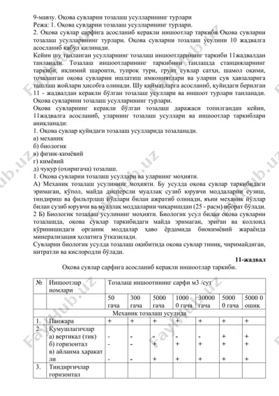 o‘qov suvlarini tozalash usullari turlari — DOCX