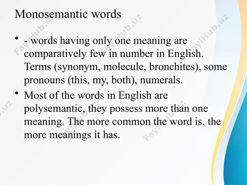 ey coincide due to the phonetic change in the course of their development). lead, v. and lead, n. tear, n. and tear (apart), v. full and partial homonyms there is the case of full and partial homonyms. it is connected with the concept of paradigms. full homonyms belong to the same part of the speech, they share a paradigm (coincide in all their forms). to blow (to send out a strong current of air) and to blow (to produce flowers) – blow, blows, blowing, blew, blown. “match” and “ball” are also the examples of full homonymy. they coincide in spelling, sounding and part of the speech. • homonyms similar in sound form and spelling are termed homonyms proper. e.g.: fast, adj. – быстрый / fast, n. – пост; •homophones are homonyms which are the same in sound but different in spelling and meaning: e.g.: buy, v - покупать / by, …