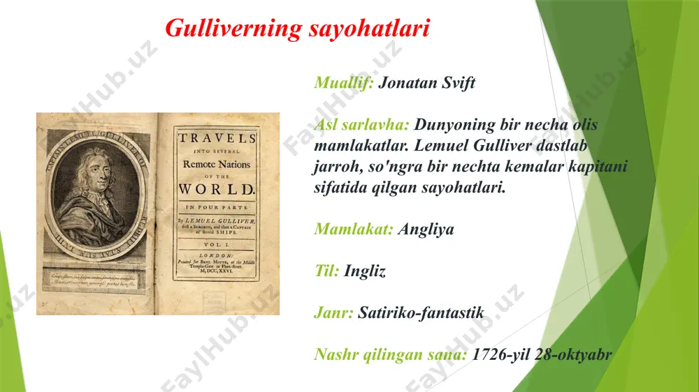 tarafidanmi yoki tekis tarafidan) sindirgan maʼqulroqligi haqida baxs boʻladi. gulliver liliputiya davlatining gʻalaba qozonishiga yordam beradi. blefusku qiroli gulliverni oʻz davlatiga taklif qiladi. u taklifni qabul qiladi. gulliver lilliputiyaning qahramoni hisoblanadi, unga „nardak“ unvoni (mamlakatdagi eng baland unvon) beriladi lekin keyinchalik lilliputiyada uning dushmanlari paydo boʻladi. ular gulliverni xiyonatlikda ayblaydilar. gulliverni birinchi koʻr qilib, keyin ovqatini kamaytirib ochdan oʻldirmoqchi boʻladilar. lekin gulliverning doʻstlari uni vaqtida ogohlantiradilar va gulliver blefuskuga qochishga majbur boʻladi. u yerda qayiq topib oladi, uni taʼmirlaydi va blefuskuni tark etadi. yoʻlida kemani uchratadi va angliyaga qaytib keladi. gulliver uyiga kichkina qoʻychalar olib keladi.. ikkinchi qism: brobdingnegga sayohat. ( 1702 yil 20-iyun - 1706 yil 3-iyun ) tez orada gulliver yana yo'lga chiqadi. sarguzasht dovullar tufayli uchib ketgan va toza suv izlab quruqlikka suzib ketishga majbur bo'lgan gulliverni sheriklari tashlab ketib, g'arbiy sohilidagi yarim orolda qoldirib ketishdi. gulliver devqomat odamlar davlatiga tushib qoladi. uni, boʻyi 22 metr boʻlgan …