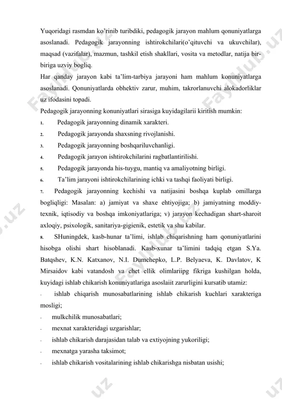 arayon bilan boshqa jarayonlar orasidagi alokadorlik tahminlanadi. pedagogik jarayonning ushbu boskichida teskari alokadorlik muhim bulib, u tezkor boshqaruvchilik, xulosalar chikarish imkonini beradi. teskari aloqa jarayonini sifatli kechishini tahminlash lozim bulib, uning rivojlanishi va mustahkamlanishiga har kaysi ukituvchi muhim masala sifatida ustuvor axamiyat berishi zarur. pedagogik jarayonning nazorat bokichida- erishilgan natija bilan kuyilgan maksad qiyoslanib, tahlil etiladi va xulosa chikariladi, kerak bulgan xollarda avvalgi boskichlarga uzgartirishlar kiritiladi. adabiyotlar ro’yxati: 1. barkamol avold orzusi, t., 1999. 2. barkamol avlod- o’zbekiston taraqqiyotining poydevori , t., 1998. 3.o’zbekiston respublikasining konstituttsiyasi , t., 1992. 4.g’aybullaev va boshqalar, ijtimoiy islohatlar va ta’lim tarbiya, t., 1995.