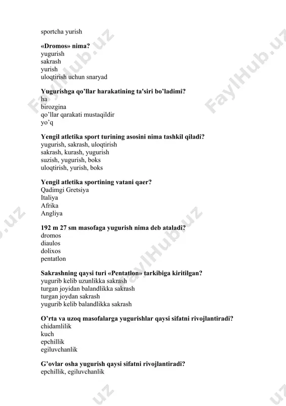tartdan boshlanishi bilan 110 metrga g’ovlar osha yugurishda nechta g’ov o’rnatiladi? 10 12 8 6 4x100 metrga estafeta yugurayotganda sportchi virajda (burilishda) tayog’ini qaysi qo’lida tutadi? o’ng qo’lida chap qo’lida ahamiyat kasb etmaydi ishtirokchining fahmiga bog’liq 4x100 metrga estafeta yugurishda startda turganda tayoqcha qaysi qo’lda tutib turiladi? o’ng qo’lida chap qo’lida qatnashchiga qo’layida ahamiyat kasb etmaydi 4x100 metrga estafeta yugurishning 2 va 4 bosqichlarida ishtirokchi tayoqchani qaysi qo’lida ushlaydi? chap qo’lida qatnashchiga qo’layida o’ng qo’lida ahamiyat kasb etmaydi 4x100 metrga estafeta yugurayotganda yuguruvchi qaysi bosqichda yo’lakchaning ichki qirg`ogiga yaqin yuguradi? 1 va 3 2 va 4 1 va 2 2 va 3 4x100 metrga estafeta yugurayotganda yuguruvchi qaysi bosqichda yo’lakchaning tashqi qirg’og’iga yaqin yuguradi? 2 va 4 3 va 1 2 va 1 1 va 3 sportchilardan kim birinchi bo’lib past startni qabul qilgan, keyinchalik bu start xolati sprinterlar uchun ommalashgan? amerikalik tomas berk vladimir kuts valeriy brumel faina melnik …