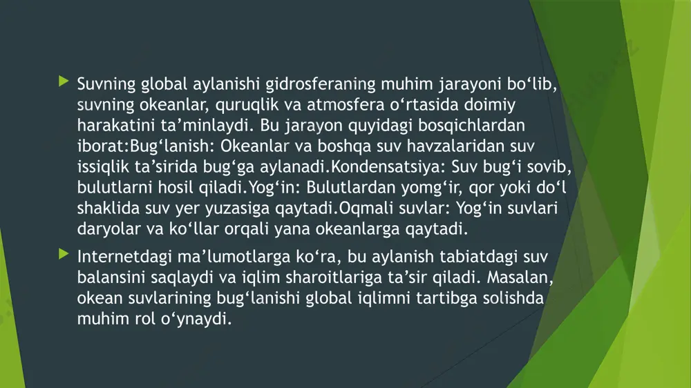 lma-xillik: okeanlar va quruqlik suvlari millionlab turlarga ega bo‘lib, ekotizimlarni qo‘llab-quvvatlaydi.suv aylanishi: gidrosfera suvning doimiy aylanishini ta’minlab, yog‘inlar orqali quruqlikni suv bilan ta’minlaydi. gidrosfera inson faoliyati tufayli jiddiy ekologik muammolarga duch kelmoqda:suvning ifloslanishi: sanoat chiqindilari, plastmassa va kimyoviy moddalar okeanlar va daryolarni ifloslantirmoqda. masalan, har yili okeanlarga 8 million tonna plastmassa tashlanadi.suv tanqisligi: aholining o‘sishi va noto‘g‘ri suv ishlatilishi suv resurslarining kamayishiga olib kelmoqda.muzliklarning erishi: global isish tufayli antarktida va grenlandiya muzliklari erib, dengiz sathi ko‘tarilmoqda. bu esa kichik orol davlatlari uchun xavf tug‘dirmoqda. gidrosferani muhofaza qilish uchun quyidagi choralar ko‘rilmoqda:suvni tejash: qishloq xo‘jaligida va uy xo‘jaliklarida suvni samarali ishlatish texnologiyalarini joriy etish.ifloslanishni kamaytirish: chiqindilarni qayta ishlash, plastmassa ishlatishni cheklash va sanoat chiqindilarini tozalash.qayta tiklanadigan energiya: gidroelektrostansiyalar va boshqa ekologik toza energiya manbalarini rivojlantirish.xalqaro hamkorlik: dunyo mamlakatlari okeanlarni muhofaza qilish bo‘yicha kelishuvlar imzolamoqda, masalan, bmtning “okeanlar haqidagi kelishuvi”. e’tiboringiz uchun tashakkur! image1.png image2.emf image3.emf image4.emf image5.png image6.png image7.png image8.png image9.png …
