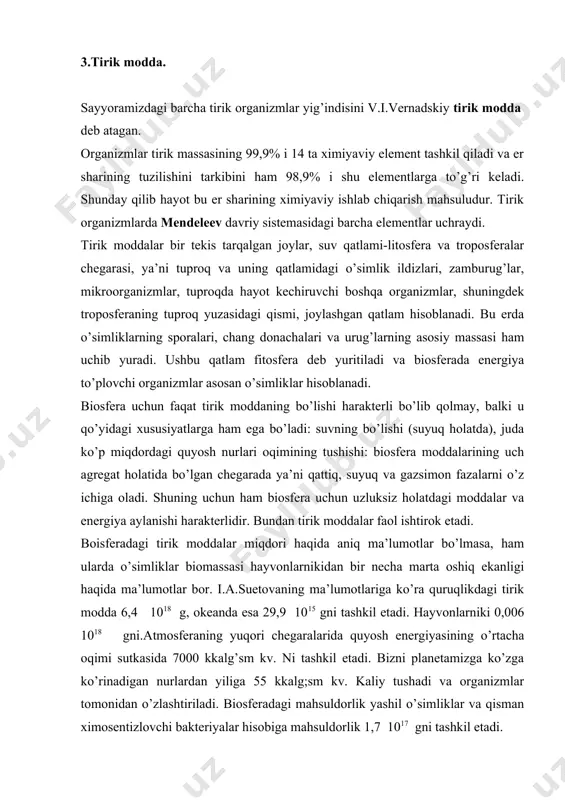kkalg;sm kv. kaliy tushadi va organizmlar tomonidan o’zlashtiriladi. biosferadagi mahsuldorlik yashil o’simliklar va qisman ximosentizlovchi bakteriyalar hisobiga mahsuldorlik 1,7 1017 gni tashkil etadi. 4.tabiatda moddalarni aylanishi. ma’lumki tabiatda moddalarning aylanishi uchun uch guruh (elementlarning) organizmlarning bo’lishi shart. hayotni produstetlarsiz tasavvur qilish qiyin. ular birlamchi biomahsulotlarni hosil qiladi. konsumentlar birlamchi va ikkilamchi mahsulotni iste’mol qilgan holda, organik moddalarni bir holdan ikkinchi holga o’tkazadi va hayot xilma-xilligini keltirib chiqaradi. bu o’z navbatida turlarning evolyustiyasiga olib keladi. redustentlar organik moddalarni meneral moddalarga parchalab, sayyoramizda o’lik qoldiqlardan iborat bo’lgan katta “mozor” ning kelib chiqishiga imkon bermaydi. erda boradigan har qanday jarayonlarning manbai va boshlanishi quyosh nuri energiyasi hisoblanadi. yorug’lik ta’sirida boradigan yashil o’simlilardagi fotosintez jarayoni natijasida organik modda to’planadi. fotosintezning foydali ish koeffestenti nihoyatda past. er yuziga tushadigan quyush nurlarining atigi bir protstentida foydalaniladi. foydali qazilmalarida (toshko’mir, neft, trof, gaz va b.q.r.). quyosh energiyasi konservalangan holda uzoq vaqtlar saqlanib kelmoqda. ba’zi bir organizmlar organik …