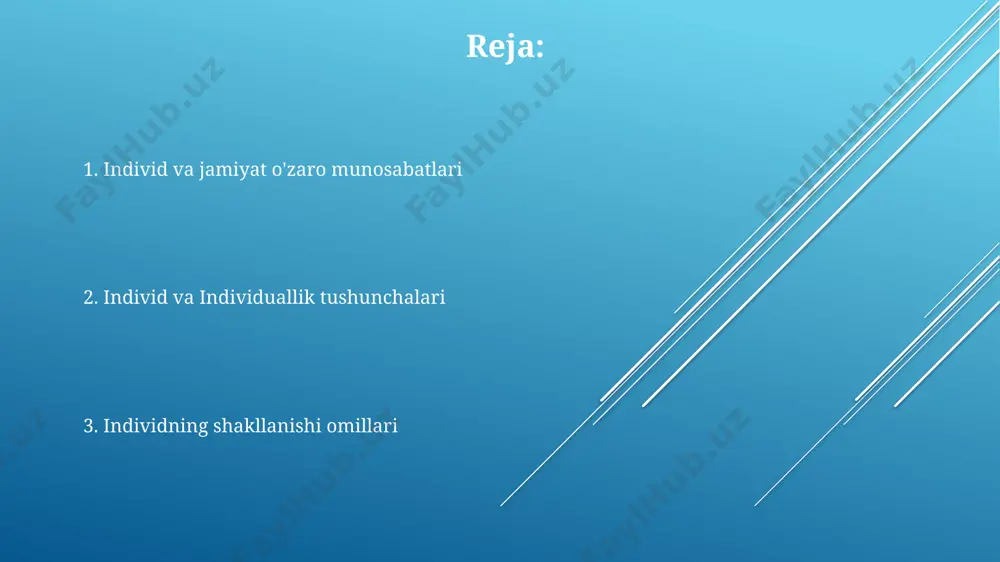 llikning mustahkamlanishi uchun o'z qobiliyatlarini anglash va ijtimoiy guruhlarga integratsiyalanish jarayonlari muhim ahamiyat kasb etadi, bu davrda shaxs o'z "men" tasavvurini shakllantiradi. individuallikning shakllanishiga ta'sir etuvchi omillar orasida 3 yoshgacha bo'lgan davrda onaning mehr-muhabbati va ijtimoiy muhitning ahamiyati 70% ni tashkil etadi, qolgan 30% esa genetik omillar va maktabgacha ta'lim muassasalarining ta'siri bilan bog'liq. 1990-yillardan boshlab o'zbekistonda ijtimoiy-iqtisodiy o'zgarishlar yoshlar individualligining shakllanishiga sezilarli ta'sir ko'rsatdi, yangi texnologiyalar va global madaniyatning ta'siri bilan shaxsning o'ziga xosligini ifoda etish imkoniyatlari kengaydi. shaxs va jamiyat munosabatlari 1990-yillardan keyin o'zbekistonda shaxs va jamiyat munosabatlarida individualizmning o'sishi kuzatildi, bu esa 2000-yillardagi ijtimoiy-iqtisodiy islohotlar bilan bog'liq edi, ayniqsa toshkent shahrida. samarqand viloyatida o'tkazilgan sotsiologik tadqiqotlar shuni ko'rsatdiki, 75% respondentlar o'zlarining individual ehtiyojlari va istaklarini jamiyat manfaatlaridan ustun qo'yishga moyil ekanliklarini bildirishdi. o'zbekiston konstitutsiyasi shaxsning huquq va erkinliklarini kafolatlaydi, ammo 30 dan ortiq qonunlar shaxsning jamiyatga nisbatan majburiyatlarini ham belgilaydi, bu muvozanatni saqlash muhimligini ko'rsatadi. individuallikning ijtimoiy …