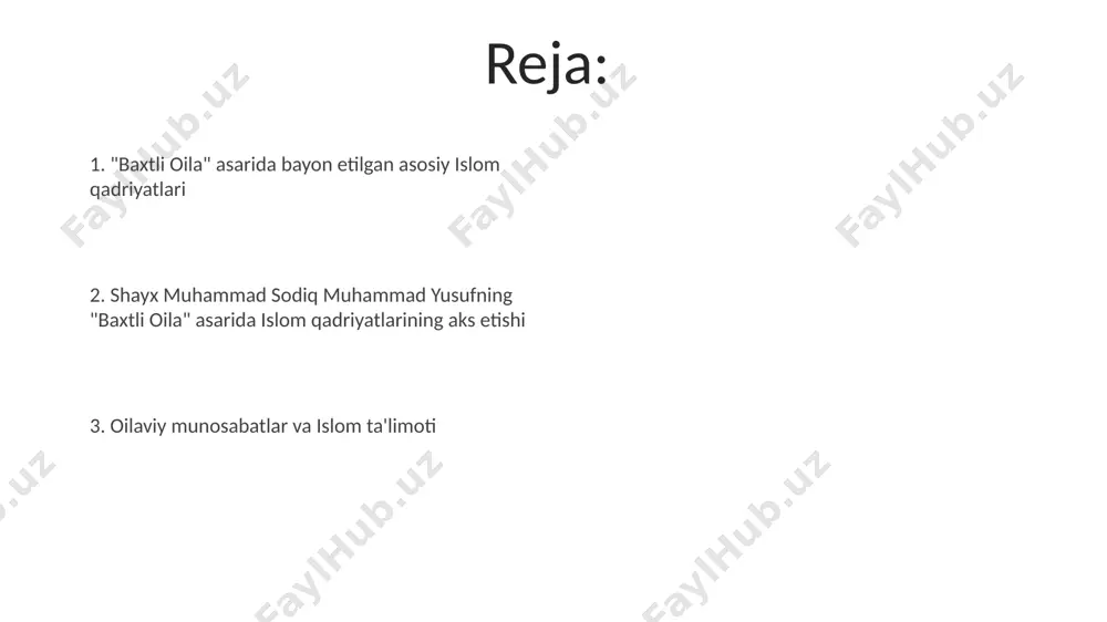 y maslahatlar bayon etilib, oilaviy nizolarni hal qilishning 7 ta samarali usuli, jumladan, sabr-toqat va muloqotning ahamiyati ta'kidlanadi. “muammolarni hal qilish yo'llari” bobi, 150 betdan ortiq hajmdagi “baxtli oila” kitobining muhim qismini tashkil etib, toshkentdagi oilaviy maslahat markazlarining tajribalariga asoslangan. xulosa va tavsiyalar асардаги исломий таълимотларнинг замонавий талқини ва 21-асрдаги жамиятдаги 15 та муаммо ечимига оид таклифларни инобатга олган ҳолда, маърифий дастурлар ишлаб чиқиш бўйича таклифлар берилди. тадқиқот натижаларига кўра, китобдаги 3та асосий оят ва 7та ҳадисга таяниб, оилавий муносабатларни мустаҳкамлашга оид 10 та самарали усул аниқланди ва самарқанд мисолида амалий тавсиялар ишлаб чиқилди. er va xotin munosabatlari shayх muhammad sodiq muhammad yusufning “baxtli oila” kitobida er va xotin munosabatlariga oid 30 dan ortiq hadis va qur’on oyatlariga tayanib, 150 dan ziyod sahifalar bag’ishlangan bo’lib, ular samarqand va buxoro kabi shaharlardagi an’anaviy qadriyatlarga ham asoslanadi. kitobda erkak va ayolning o’zaro hurmat-ehtirom, mehr-oqibat va muloqotga asoslangan munosabatlarini o’rnatish bo’yicha 7 ta …