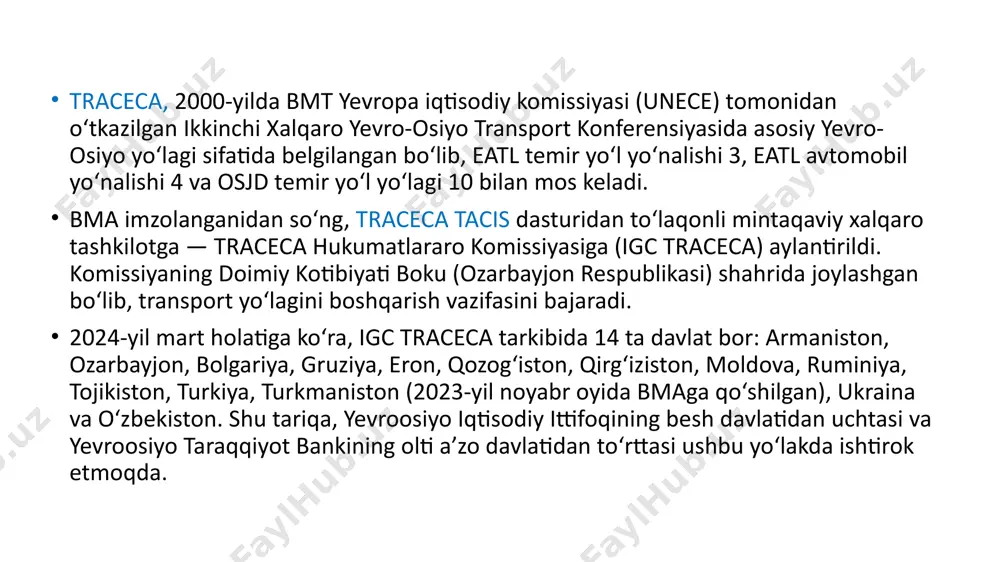 tining savdo jarayonlarini yengillashtirish bitimi talqinida uyg‘unlik yo‘q.xalqaro transport va tranzitda raqamli texnologiyalar joriy etilishi sekin kechmoqda. cim/smgs nima? cim (convention internationale concernant le transport des marchandises par chemin de fer) – yevropa va osiyoning ayrim davlatlarida qo‘llaniladigan temir yo‘l orqali yuk tashish to‘g‘risidagi xalqaro konvensiya. smgs (соглашение о международном железнодорожном грузовом сообщении) – mdh davlatlari, xitoy, mongoliya va boshqa ayrim mamlakatlarda ishlatiladigan temir yo‘l yuk tashish bo‘yicha xalqaro bitim. cim/smgs yuk hujjati – bu ikkala tizimni birlashtiruvchi hujjat bo‘lib, yuklarni turli transport huquqiy hududlari orqali o‘tkazishda foydalaniladi. u yukning harakatlanishini osonlashtirish va hujjatlar rasmiylashtirish jarayonini soddalashtirishga xizmat qiladi. cim/smgs hujjatining afzalliklari ✅ yagona hujjat: yuk tashishda ikkita hujjat (cim va smgs) o‘rniga bitta hujjat ishlatiladi. ✅ hujjatlarni qayta rasmiylashtirish yo‘q: yuk bojxona chegarasida ortiqcha byurokratiyasiz harakatlanadi. ✅ vaqt va mablag‘ tejalishi: yuk ortiqcha kutishlarsiz yetkazib beriladi. ✅ elektron shaklda qo‘llash imkoniyati: raqamli yuk hujjatlaridan foydalanish yuk tashishni yanada tezlashtiradi. …