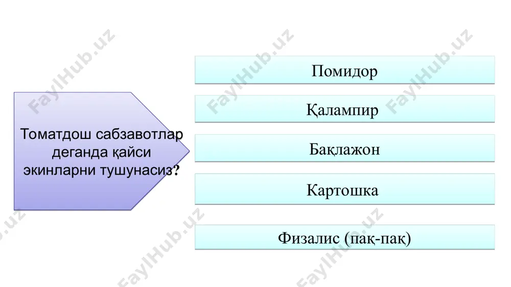 торли усулда - бақлажон 70x40 см ёки 90x35 см, қалампир 70x30 ёки 90x25 см шаклда жойлаштирилади. ширин қалампирни зумрад, дар ташкента, маратос f1, орион f1, аччиқ қалампирни маргеланский 330, пикатный, тилларанг ва бақлажонни аврора, ереванский, феруз, қувонч каби нав намуналари экилмоқда. қалампир ва бақлажонни ўзига хос хусусиятлари қалампирни икки хил яъни ширин ва аччиқ турига бўлинади. уларни ажратиб турувчи таркибидаги капциацин моддаси бўлиб, унинг меъёрига қараб ажратилади. бақлажонни фақат техник пишиш даврида истеъмол қилинади, биологик пишиш даврида меваси таркибида соланин моддаси кўпайиб кетади. қалампир ва бақлажонни паваришлашда агротехник тадбирлар помидор сингари олиб борилади. бақлажонда помидор ва қалампирга нисбатан суғоришлар сони 2-3 мартага камроқ бўлади. помидор мевасидан навига қараб 0,2-0,6 % уруғ чиқади. бир гектардан 80-100 кг ва ундан кўп уруғ олиш мумкин. чучук ва аччиқ қалампирдан ҳар гектаридан олинадиган уруғ ҳосили 200 кг гача боради. бақлажон гектаридан 100-150 кг уруғ беради. *
