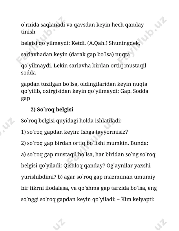 (a. cho'lpon). 2. so'zlovchining cheksiz his-hayajonini, beqiyos tabiat manzaralarini ifodalash uchun. do'xtir ayol og'iz berkitib piq-piq yig'ladi. — men... men 0*zbekistonda besh-olti yii ishlab edim, — deya yig'ladi. — bechora xalq-a, bechoragina xalq-a.. {t. murod). qish... butun atrof oppoqlibosda... 3. matn (jumla) qisqartirilsa. anovi kuni menga bir oyat ayiib edingiz? -xo'sh, xo'sh? ilkimdin kelguncha... —- deb boshlanar edi. — ha-ha, bo'tam, lekin bu oyat emas, hazrat navoiy- ning hikmatlaridur (x. to'xtaboev). 4. fikr bo'lib-bo1 lib ifoda qilinsa yoki duduqlanib aytilsa. muhammadyor yolg'iz: — turkistonda birinchi m.. .m.. . m... artaba tia.. .t.. .t... tr, — dedi-da, fikrg'a tojdi (a. cho'lpon). 5. suhbatdoshining gapi javobsiz qoldirilsa. — manavi dub eshiklaringizni yelkamda tashib kelgan- man. tushundingizmi? — tushundingizmi, deyapman? (x.sultonov). 6. tushirib qoldirilgan harf, so'z yoki boshqalar o'rnida. nuqtalar o'rniga kerakli harfni qo'yib ko'chirib yozing. xayri...x, a...loq, ...abar. 148-m a s h q. gaplami o'qing. qavsning qo'yilish o'rinlarini izohlang. jamiyat va davlat …