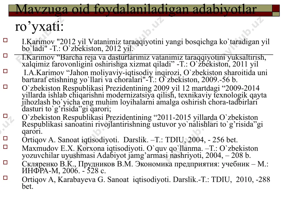 tgan, lekin hali foydalanilmagan (to’liq yoki qisman) imkoniyatlarini tushunish lozim. * aylanma mablag’larning to’liq aylanishi 3 bosqichdan iborat bo’lib, bu jarayonda mahsulot ishlab chiqariladi va sotiladi. 1-bosqich 3- bosqich 2- bosqich pul-tovar tovar-pul ishlab chiqarish (p-т) (т-p) (i.ch) * 2- reja aylanma mablag’larning tuzilishi va harakati * xom-ashyo va asosiy materiallar (28 %) aylanma ishlab chiqarish fondlari (100 %) ishlab chiqarish zaxiralarida (70 %) ishlab chiqarish jarayonida (30 %) тугалланмаган ишлаб чиқариш (19%) kelgusi davr xarajatlari (5%) корхонанинг ўзида тайёр-ланувчи ярим тайёр маҳсулотлар (6%) sotib olinuvchi yarim tayyor mahsulotlar (10 %) yordamchi materiallar (8 %) yoqilg’i va energiya (8 %) ta’mirlash uchun ehtiyot qismlar (3 %) qadoqlash va o’rov materiallari (3 %) arzon va tez eskiruvchi predmetlar (10 %) korxonaning o’zida tayyorlanuvchi yarim tayyor mahsulotlar (6%) tugallanmagan ishlab chiqarish (19%) * aylanma ishlab chiqarish fondlari korxona aylanma mablag’larining asosiy va salmog’li qismi sifatida o`z tarkibiga quyidagilarni qamrab oladi: ishlab chiqarish …