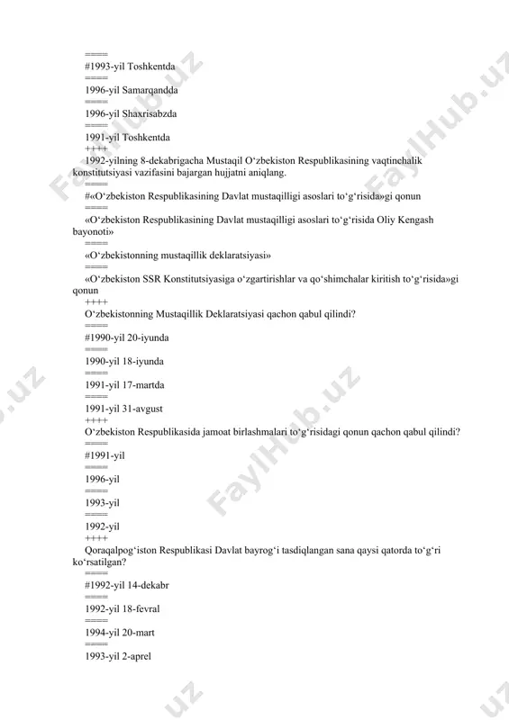 96-yil dekabr ++++ qachondan o‘zbekiston ommaviy axborot vositalari jahondagi yirik kompyuter tizimi - «internet» bilan aloqa o‘rnatishga muvaffaq bo‘ldi? ==== #1996-yil maydan ==== 1997-yil oktabrdan ==== 1998-yil noyabrdan ==== 1995-yil sentabrdan ++++ qachondan boshlab 1-sinf o‘quvchilariga bepul o‘quv anjomlari, darsliklarni berish joriy etilgan? ==== #1997-yildan ==== 1998-yildan ==== 1999-yildan ==== 2000-yildan ++++ 1993-yil 4-dekabrda bo‘lgan voqeani aniqlang. ==== #qoraqalpog‘iston respublikasi davlat madhiyasi tasdiqlandi ==== o‘zbekistonda inson huquqlari bo‘yicha milliy markaz tashkil topdi ==== mamlakatimizda «xalq ijodiyoti» festivali o‘tkazila boshladi ==== «fidokor» gazetasi nashr etila boshladi ++++ «o‘zbekiston respublikasi davlat mustaqilligi asoslari to‘g‘risida»gi qonunga konstitutsiyaviy qonun maqomi qachon berilgan? ==== #1991-yil 30-sentabrda ==== 1991-yil 18-noyabrda ==== 1991-yil 29-dekabrda ==== 1992-yil 4-yanvarda ++++ islom olami zabardast allomalaridan hisoblangan qaysi vatandoshimizning 675 yilligi 1993-yil keng nishonlangan? ==== #bahouddin naqshbandiy ==== najmiddin kubro ==== abu mansur al-moturidiy ==== abu iso at-termiziy ++++ mustaqillik yillarida tarixiy shaharlarning ham yubileyi nishonlangan. quyidagi qaysi shaharning 2700 yilligi …