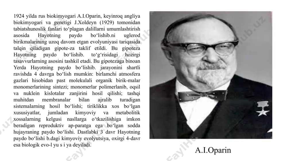 artibini bel-gilab berishi mumkin. polinukleo-tidlarning matritsalik xususiyati ular molekulasidagi nukleotidlarning komplementarlik asosida juft-juft boʻlib (adenin qarshisida uratsil, guanin qarshisida sitozin) joylashishi bilan bogʻliq. matritsadan nusxa olishning komplementarlik mexanizmi biologik sistemalar orqali informatsiya oʻtkazish jarayonlarida markaziy oʻrin tutadi. har bir hujayraning genetik informatsiyasi nukleotidlarning ketma-ketligi shaklida kodlashgan boʻlib, bu infor-matsiya komplementarlik (juft-juft boʻlib joylashish) asosida nasldan-naslga oʻtkaziladi. lekin bu jarayon fermentlar ishtirokisiz sekin boradi. tasodifan sintezlanadigan poli-peptidlar orasida katalitik faollikka ega boʻlgan, polinukleotidlar sintezini tezlashtiradigan xillari ham boʻlgan. shunday qilib. kimyoviy evolyutsiyaning navbatdagi pogʻonasi polinukleotidlarning oʻz-oʻzidan koʻpayishini tezlashtiradigan fer-mentlarning sintezlanishi boʻldi. sintezlanadigan polipeptid toʻgʻrisidagi axborot nuklein kislotalar molekulasida joylashgan. informatsiyaning dnk zanjiridan rnk ga oʻtkazilishi esa polipeptid zanjiri sintezini yengillashtiradi. tabiiy tanlanish orqali nukleotidlar trip-leti bilan aminokislotalar oʻrtasidagi muvofiklikni ifoda etuvchi genetik kod, yaʼni "lugʻat" paydo boʻlgan. nukleotidlar ketma-ketligi poli-nukleotid zanjiri funksiyasi va uning fizik strukturasini belgi-lab beradi. oʻz-oʻzidan replikaiiyalanadigan, axborot saqlanadigan va funksional xossaga ega boʻlgan molekulaning paydo boʻlishi hayotning …