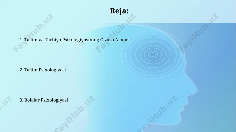 o'rganadi, xususan, xotira, e'tibor va fikrlash jarayonlarining shakllanishini samarqand davlat universiteti tadqiqotchilari tomonidan o'rganilgan. o’quv muvaffaqiyatsizligining psixologik sabablari o'quv jarayoniga moslashish qiyinchiliklarining 15% dan ortig'i, ayniqsa, toshkent shahridagi maktablarda, bolalarning o'ziga bo'lgan ishonchsizlik va past o'z-o'zini bahosi bilan bog'liq. yuqori darajadagi raqobat muhiti va akademik bosim, masalan, buxoro viloyatining qishloq maktablarida, o'quvchilarning 10% da ruhiy stress va o'qishga bo'lgan qiziqishning pasayishiga olib kelishi mumkin. motivatsiya va o’z-o’zini boshqarish oʻzbekiston maktablarining 70%ida oʻquvchilarning oʻz-oʻzini boshqarish koʻnikmalarini rivojlantirishga qaratilgan maxsus dasturlar mavjud emas, bu esa motivatsiya pasayishiga va oʻqish natijalarining yomonlashishiga olib kelishi mumkin. 2022-yilgi tadqiqotlar shuni koʻrsatdiki, toshkentdagi 5-sinf oʻquvchilarining 35%i oʻzlarini oʻqishga undashda qiyinchiliklarga duch kelishadi, bu esa motivatsiya va oʻz-oʻzini boshqarishning oʻzaro bogʻliqligini ta’kidlaydi. psixologik salomatlik va ta’lim o'zbekistonda 2022 yilda 100 000 dan ortiq o'quvchi maktab psixologlari tomonidan psixologik yordam oldi, bu esa psixologik salomatlik xizmatlariga bo'lgan talabning yuqori ekanligini ko'rsatadi. samarqand viloyatidagi 5-sinf o'quvchilari orasida o'tkazilgan test …