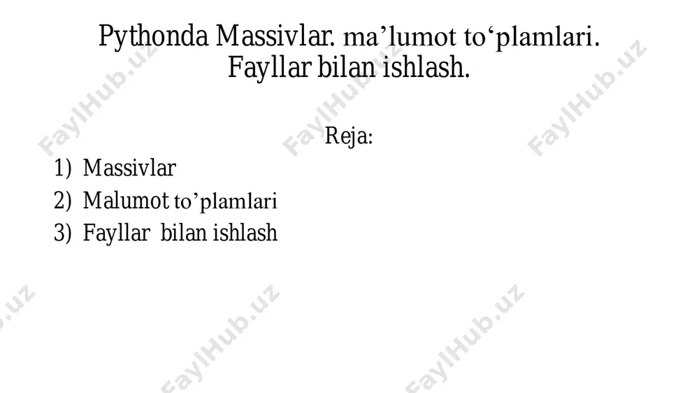 sv formatidir. сsv faylidagi har bir satr vergul bilan ajratilgan alohida ustunlardan iborat bo‘lgan yozuv yoki satrni aks ettiradi. aslida, bu format "vergul bilan ajratilgan qiymatlar (сomma separated values)" deb nomlanadi. сsv formati matnli fayl formati bo‘lsa-da, python u bilan ishlashni soddalashtirish uсhun maхsus ajralmas сsv modulini taqdim etadi e’tiboringiz uchun tashakkur !!! savollaringiz bo‘lsa marhamat! 12