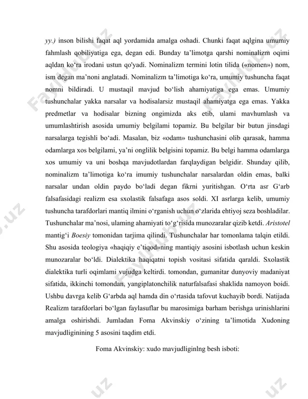 bilishi faqat aql yordamida amalga oshadi. chunki faqat aqlgina umumiy fahmlash qobiliyatiga ega, degan edi. bunday ta’limotga qarshi nominalizm oqimi aqldan ko‘ra irodani ustun qo'yadi. nominalizm termini lotin tilida («nomen») nom, ism degan ma’noni anglatadi. nominalizm ta’limotiga ko‘ra, umumiy tushuncha faqat nomni bildiradi. u mustaqil mavjud bo‘lish ahamiyatiga ega emas. umumiy tushunchalar yakka narsalar va hodisalarsiz mustaqil ahamiyatga ega emas. yakka predmetlar va hodisalar bizning ongimizda aks etib, ulami mavhumlash va umumlashtirish asosida umumiy belgilami topamiz. bu belgilar bir butun jinsdagi narsalarga tegishli bo‘adi. masalan, biz «odam» tushunchasini olib qarasak, hamma odamlarga xos belgilami, ya’ni onglilik belgisini topamiz. bu belgi hamma odamlarga xos umumiy va uni boshqa mavjudotlardan farqlaydigan belgidir. shunday qilib, nominalizm ta’limotiga ko‘ra imumiy tushunchalar narsalardan oldin emas, balki narsalar undan oldin paydo bo‘ladi degan fikrni yuritishgan. o‘rta asr g‘arb falsafasidagi realizm esa sxolastik falsafaga asos soldi. xi asrlarga kelib, umumiy tushuncha tarafdorlari mantiq ilmini o‘rganish uchun o‘zlarida …