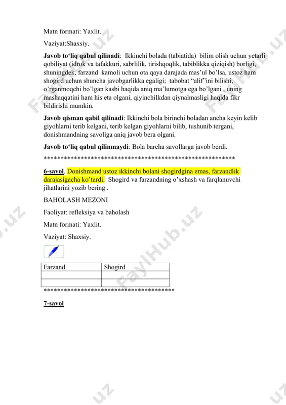 inadi: b .qani edi,koshki edi so`zlarining sinonimi bo`lib ,otalarning orzu-istak ma`nosini ifodalab kelgan. javob qabul qilinmaydi:boshqa javoblar. savol.ibn sinoning bir odati bor edi.kim unga shogird tushmoqchi bo`lsa,oldin sinovdan o`tkazar,so`ng tabiblik ilmini o`rgatar edi. fikringizcha, ustoz shogirdning aynan qaysi jihatini sinovdan o`tkazar edi? baholash mezoni faoliyat: umumlashtirish va sharhlash matn formati: yaxlit vaziyat: shaxsiy javob to`liq qabul qilinadi: ma`lumki,ibn sino nafaqat tabib,balki buyuk donishmand hamdir. bu matnda ibn sino ko`proq tabib emas,donishmand sifatida namoyon bo`lgan,avvalo, biror ilmni o`rganmoqchi bo`lgan kishida o`z ilmiga mehr qo`yishi kerak. ibn sino o`z shogirdidagi ana shu ilmga bo`lgan mehrni sinab ko`rdi. yoki: o`z shogirdidagi bilimni, chaqqonlikni, zehnni sinab ko`rdi. shunga ko`ra shogirdini tanlab olar edi. javob qisman qabul qilinadi: savol. siz nima deb o`ylaysiz, birinchi yigitda shogirdlik uchun qanday sifatlar yetishmadi ? baholash mezoni faoliyat: umumlashtirish va sharhlash matn formati: yaxlit vaziyat: shaxsiy. javob to`liq qabul qilinadi: (o’quvchi javobda matnda uchramaydigan, o’zining shaxsiy, ya’ni lug’at boyligidan …