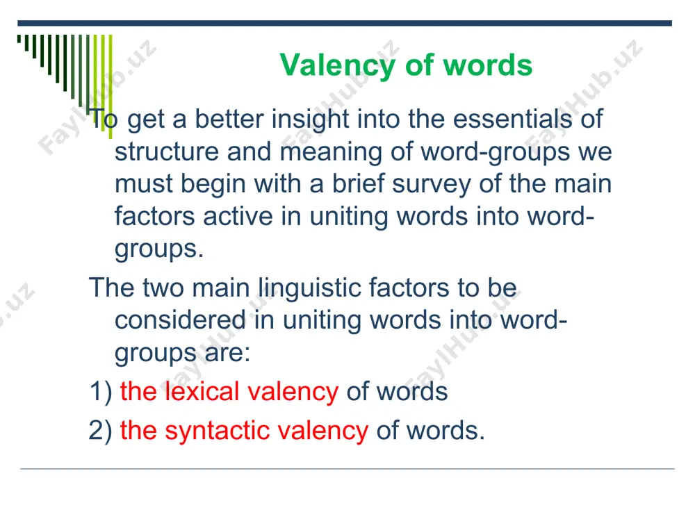 на решение, на выбор (verb+ preposition+noun). the individual meanings of a polysemantic word may be described through its syntactic valency: keen + n: keen sight, hearing, etc. keen + on + n: keen on sports, tennis, etc. keen + v(inf): keen to know, to find out, etc. thus word-groups may be regarded as minimal syntactic (or syntagmatic) structures that operate as distinguishing clues for different meanings of a polysemantic word. interdependence of structure and meaning in word-groups syntactic structure and pattern of word-groups is the description of the order and arrangement of member-words in word-groups as parts of speech. the syntactic structure of the word-group an old woman, a blue dress, clever man, red flower is an adjective and a noun, i.e. a+n; the syntactic structure of the word-groups wash a car, read books, take books, build houses – as a verb and a noun, i.e. v+n. the syntactic structure …