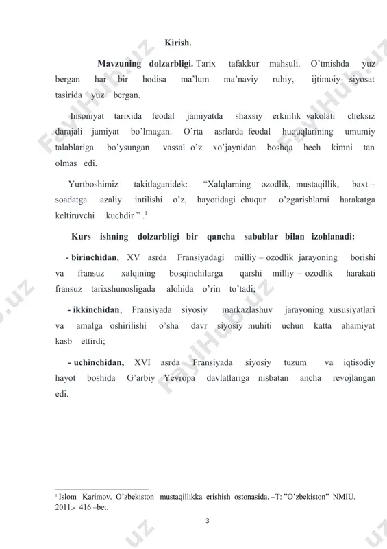 huquqiga ham ega bo'lgan. qirol saroyi hayotining asosiy mazmunini qirol shaxsini ilohiy deb hisoblovchi axloq tashkil etgan. lyudovik xiv bekorga «davlat - bu men» demagan edi[footnoteref:3], qirol qarorgohidagi bog'larga o'rnatilgan haykallar ham uning buyukligini eslatib turishi lozim bo'lgan. hatto yupiter haykali lyudovik xiv ning yuziga o'xshatib ishlangan. fransiya qirolligida har ikki cherkov ham faoliyat ko'rsata boshlaydi. xv asr boshlarida lyuter ma'lumotiga mos g'oya tarqaldi. mamlakatda «injil»ning fransuzcha tarjimalari paydo bo'ldi[footnoteref:4] . ibodatxonalarda duolar ona tilida o'qila boshlanadi. shu tariqa vaqtlar o'tishi bilan fransiya ichki dushman lagerga - katoliklar va protestantlar lageriga bo'linib qoldi. fransiyada protestantlar, gugenotlar deb atalgan. mamlakat shimoli va qirol xonadoni katoliklar tomonida, janubiy fransiya esa gugenotlarniki bo'lib qoldi. gugenotlar hammani o'z dinlariga tortishga intildilar. ular maxfiy bosmaxonalar tashkil etib, varaqalar chop etdilar va uni butun mamlakat bo'ylab tarqata boshladilar. reformatsiya fransiyada shu tariqa kirib keldi. [3: semyonov v. o'rta asrlar tarixi. t. 1973, 6-553.] [4: semyonov v. …