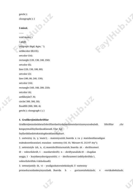 ttamikdordagima’lumotlarishlatiladiganmasalalarniechishda, kompьyuterninggrafikimkoniyatlaridanfoydalanganimizdaxotiraxajmi etishmasligimumkin. bundayxollardadinamikxotirajudakulkeladi. dinamikxotirabukompьyuterningdasturgama’lumotlarsegmentidantashkariyuklatilgantezkorxotiradir. buxotirataxminan 200-300 kbni tashkilkiladi. dinamikxotiradanfoydalanishuchunkursatkichlarishlatiladi. buuzgaruvchilarni (kursatkichlarni) xotiradajoylashtirishni kompilyatoramalgaoshiradi. kursatkichshundayuzgaruvchiki, uningkiymatiuzgaruvchikiymatigaemas, balkishuuzgaruvchijoylashganxotiraadresigatengdir. dinamikxotirasoxasidanjoyajratishuchun new operatoriishlatiladi. busuzdankeyinxotiragajoylashtiriladiganob’ekttipianiklanadi. masalan: new int; debyozsak, dinamikxotiradan 2 baytjoyajratganbulamiz. masalan: int *p; p q new int; yoki int *p q new int ; ajratilganxotirasoxasigabirorkiymatnijoylashtirishmumkin: *r q 750 ; buyozuvnikuyidagichaukiladi: « rkursatkichidaadresisaklanayotgan xotiraga 750 soniniyozing ». dinamikxotirasoxasichegaralangan, utulibkolganda new operatori orkalijoyajratishxatolikkaolibkeladi. buxolnibizxotiraningtulib ketishiyokiokibketishideymiz (utechkapamyati). shuninguchunxotiraboshkakerakbulmasaunibushatishzarurdir. buni delete operatoriyordamidabajariladi. masalan: delete p; 6. ekrandachizmalarnixarakatlantirish ekrandachizmalarnixarakatlantirishuchunkerakbuladiganprotseduralar: 1.imagesize (x1, y1, x2, y2) – ekranningchapyukorinuktasivaungpastkinuktasikoordinatalaridantugriturtburchaklisoxanisaklashuchunkerakbuladiganxotiraningulchami (baytlardaolinadi); 2. getimage (x1, y1, x2, y2, p) – dinamikxotiraningberilganrmaydonidato‘g‘rio‘urtburchaklitasvirinisaqlash. buerdar – tasvirsaklanadiganjoyningadresinisaklaydiganuzgaruvchi, ya’nikursatkich. 3. putimage (x, y, p, m) – ekranningberilganjoyigatasvirnichikarish; buerda x va y – xotiraning p maydonidagitasvirdannusxakuchiriladiganekranmaydoniningchapyukorinuktasi; m – tasvirniekrangachikarishrejimi. agar: m q 0 (norm