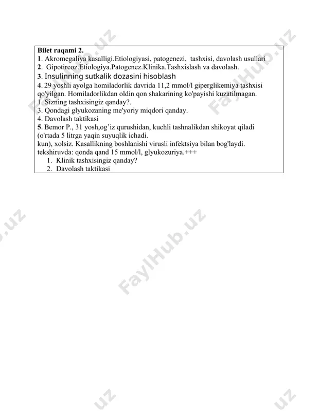 k alomatlari, tashxis usullari va davolash prinsiplari. 2. qandli diabet 2-tur.etiologiya.patogenez.klinikasi.tashxisi.davosi. 3. katta deksametazonli sianama o’tkazishdan maqsad va qanday o’tkaziladi? 4. 40 yoshli ayol poliklinikaga vazn ortishi, yelka-kamarning yuqori qismidagi yog‘larning qayta taqsimlanishi, girsutizmning paydo bo‘lishi, qorin va sonlarda chiziqlar paydo bo‘lishi, qon bosimining ko‘tarilishi shikoyatlari bilan yotqizilgan. hayz ko'rishning yo'qolishi. laboratoriya: kunlik siydikda erkin kortizolning yuqori darajasi va qon kortizolining buzilgan kunlik ritmi. 1. dastlabki tashxis? 2. tashxisni aniqlashtirish uchun qanday tadqiqotlar o'tkazish kerak? 3. davolash rejasi? 5. 1-tur qandli diabet bilan og'rigan 35 yoshli bemor insulin in'ektsiyasidan keyin kuchli zaiflik, tanada titroq, ko'p ter, yurak urishi, bosh aylanishi va ochlikdan hushini yo'qotdi. ahvoli og’ir.terisi nam, rangpar. qo'l va oyoqlarning tutqanoqdagi kabi titrashi. yurak urish tezligi - 100 zarba. ab - 170/90 mm hg. ust. dastlabki tashxisni nomlang bilet raqami 7. 1.qandli diabet 1 –tipda dietoterapiya.non birligi haqida ma’lumot 2. qandsiz diabet kasalligining etiopatogenezi, klinik alomatlari, tashxis usullarini va …