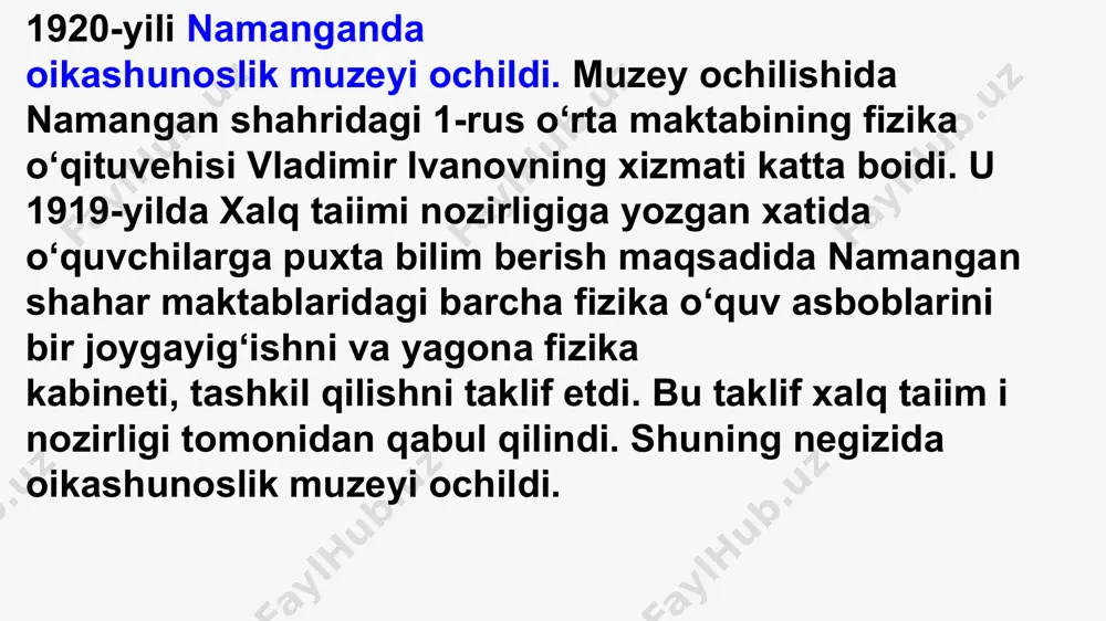samarqanddagi tarixiy profilli muzey boʻlib, mahalliy oʻlkaning qadim zamonlardan 20-asr boshlarigacha boʻlgan tarixiga bagʻishlangan. 1982-yildan samarqand davlat birlashgan tarixiy meʼmorlik va badiiy muzey - qoʻriqxonasi (hozirda samarqand davlat muzey-qoʻriqxonasi) tarkibiga kiritilgan. etiboringiz uchun raxmat image1.jpeg image2.jpeg image3.jpeg image4.gif image5.jpeg image6.jpeg