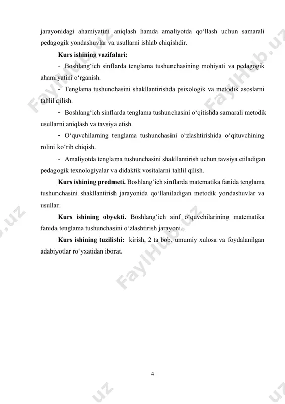 i — bu x ning aniq qiymati, u tenglama to‘g‘ri bo‘lishini ta’minlaydi. shu vaziyatda x ning qiymatini topish orqali masalani yechish mumkin. keyingi misol sifatida, o‘quvchilarga oddiy tenglama tuzishni ko‘rsatish mumkin. masalan: x + 3 = 7 bu tenglamada x — noma’lum son. bu ifodani yechish uchun o‘quvchilarga quyidagicha tushuntirish mumkin: “agar noma’lum soningizga 3 ni qo‘shsangiz, natija 7 bo‘ladi. demak, x ning qiymatini topish uchun 7 dan 3 ni ayirish kerak.” shunday qilib: x = 7 – 3 x = 4 bu yerda yechim o‘quvchilarga juda sodda va amaliy tarzda yetkaziladi. ular o‘zlari uchun noma’lum son tushunchasini ochib, matematik ifodalarni o‘rganishda birinchi qadamni qo‘yadilar. mana shu uslubda, har bir yangi tushuncha qadam-baqadam amaliy misollar bilan mustahkamlanadi. masalan: · noma’lum son qanday belgilanadi va uni qanday aniqlash mumkinligi. · tenglama tomonlari tushunchasi. · tenglama yechimining bir necha misollar yordamida tushuntirilishi. · oddiy tenglamalarni yechish usullari va amaliy mashqlar. · tenglamani …