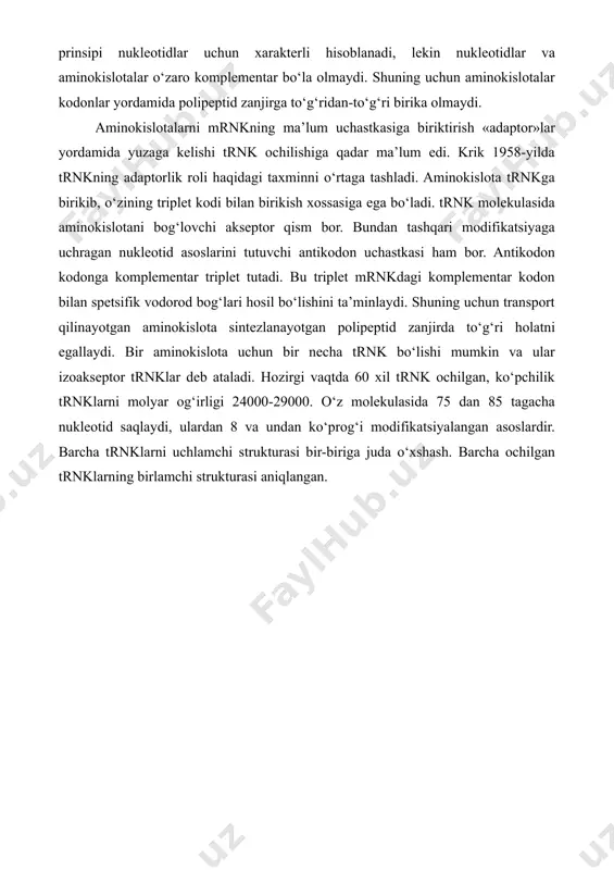 shi mumkin. mutatsiy a aslida genetik materialning oʻzgarishlari hisoblanadi. organizmlarda kuzatiladigan mutatsiya ayrim hollarda zararli boʻlib organizmning qaysidir funksiyasining buzilishi bilan xarakterlanadi. xamirturush bilan oʻtkazilgan tadqiqotlar zararli mutatsiyalar jami (zararli, neytral va foydali) mutatsiyalarning 7-12% ini tashkil etishini koʻrsatdi. mutatsiyalar qayerda hosil boʻlishiga koʻra bir necha guruhlarga boʻlinadi. asosan gen, xromosoma, genom va sitoplazmatik mutatsiyalar kuzatiladi. mutatsiyalar hosil boʻlishida yuqorida aytilganidek bir qancha tashqi va ichki omillar sababchi boʻladilar. tabiatda mutatsiyalar doimo yuz beradi va ular evolutsiyaning birlamchi asosiy omili deb qaraladi. 3. molekulyar kasalliklar. “molekulyar patologiya” yoki molekulyar kasalliklar atamasi 1949 yilda poling tomonidan kiritilgan. molekulyar kasalliklar deganda asosiy sababi sifatida oqsillar funktsiyasining genetik buzilish holatlari tushuniladi. boshqacha aytganda molekulyar kasallik nuqsonli (to’liq yoki qisman funktsiyasini yo’qotgan) oqsil hosil bo’lishi yoki normal oqsil miqdorining yetishmovchiligi va buning oqibatida organizmda o’z vazifasini butunlay bajara olmasligi natijasida rivojlanadi. shuning uchun molekulyar kasalliklarni mohiyatiga ko’ra proteinopatiya, ya’ni maxsus oqsillarning kasalliklari deb atash …