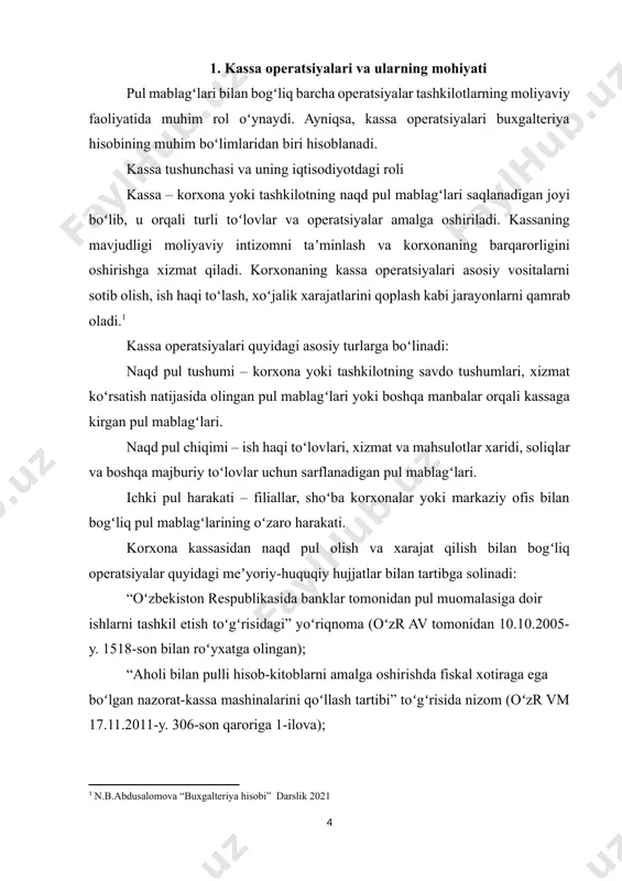 daning 13-bandi). ] korxonalarda kassa operatsiyalarini yuritish uchun maxsus reglamentlar ishlab chiqiladi. ushbu reglamentlar hisob siyosatining bir qismi sifatida shakllantiriladi va moliyaviy hujjatlar, naqd pul bilan ishlash tartibi hamda buxgalteriya hisobining tamoyillariga asoslanadi. kassa operatsiyalarining to‘g‘ri tashkil qilinishi korxonada moliyaviy tartib-intizomni mustahkamlash, mablag‘larning noqonuniy harakatining oldini olish va hisobotning aniqligini ta’minlashga xizmat qiladi. kassa operatsiyalarini tashkil etish jarayoni bir necha muhim bosqichlardan iborat. dastlab kassa xodimi yoki mas’ul shaxs tayinlanadi. ushbu shaxs tashkilotning moliyaviy mablag‘larini saqlash, hisobini yuritish va tegishli hujjatlarni to‘g‘ri rasmiylashtirish uchun javobgar hisoblanadi. u kassa operatsiyalarining qonuniy asosda yuritilishini ta’minlashi, barcha pul tushumlari va chiqimlarini tegishli hujjatlar asosida rasmiylashtirishi va korxona rahbariyati oldida hisobot berishi lozim[footnoteref:3]. [3: o‘zbekiston respublikasi prezidentining “raqamli iqtisodiyot va moliyaviy shaffoflikni ta’minlash chora-tadbirlari to‘g‘risida”gi qarori.2021-yil 7-apreldagi pq-6207 sonlidir.] kassa operatsiyalarini tashkil qilishda hujjatlashtirish muhim o‘rin tutadi. har qanday pul mablag‘lari harakati tegishli buxgalteriya hujjatlari asosida amalga oshirilishi kerak. pul tushumlari va chiqimlari maxsus …