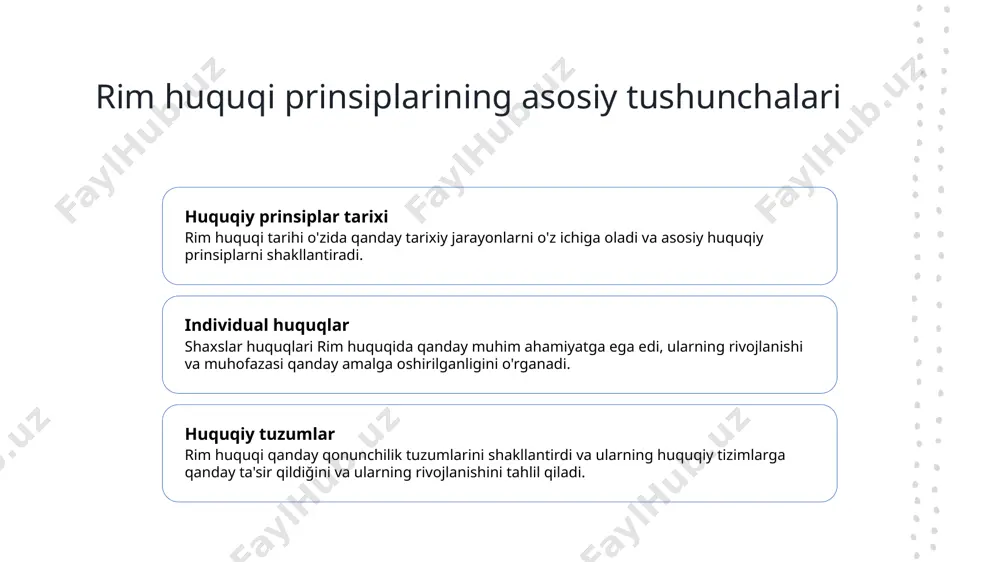 ri roman imperiyasining yirik fuqarolari va qadrlariga e'tiroz qilgan, huquqiy o'zgarishlar va iltimoslar erkinlikka olib keladi. bu o'zgarishlar huquqiy tizimlarni asoslashtiradi va shaxslar huquqlarini kuchaytiradi. photo by abdullah öğük on unsplash xulosa 1 asosiy o'rganishlar 2 tarixiy rivojlanish 3 inson huquqlari va qadrdonlik rim huquqi prinsiplarining asosiy tushunchalari va ularning bugungi yuridik tizimlarga o'zaro munosabatlari ustida chuqur tushunchalar olishdir. rim qonunlarining tarixiy rivojlanishi va ularning huquqiy tasirlari tashqi mamlakatlarga o'xshashligini o'rganish uchun ahamiyatli muhimliklar taqdim etildi. roman huquqi inson huquqlariga va qadrdonlikning o'zgarishlariga qanday ta'sir ko'rsatib kelganligi, shuningdek, qadrdonlik va huquqiy tizimlar orasidagi munosabatlarni tushuntirishga yordam beradi. e'tiboringiz uchun rahmat! image1.jpg image2.jpg image3.jpg /docprops/thumbnail.jpeg