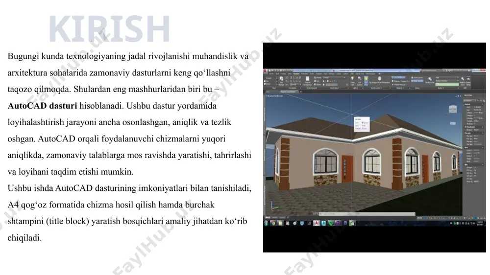 uning ostida axborot oynasi ochilib dastlabki mavjud chiziq turlari ko’rsatiladi. unda «другой» - boshqa bandi tanlanadi va «диспетчер типов линий» - chiziq turlari dispetcheri muloqot oynasi ochiladi. muloqot oynasidagi «загрузить» - yuklash tugmasi bosilib, keyingi muloqot «загрузка/перезагрузка типов линий» - chiziq turlarini yuklash oynasi ochiladi. autocad dasturi bilan ishlashda ob’yekt tushunchasini to’g’ri aniqlab, tushunib olish lozim. aytaylik chizish asboblar panelidagi «прямоугольник» - to’g’ri to’rtburchak chizish buyrug’i asosida bajarilgan shaklni dastur bitta ob’yekt deb qabul qiladi. aynan shu shakl «отрезоk» - kesma buyrug’i asosida bajarilsa dastur ushbu shaklni to’rtta ob’yekt deb qabul qiladi. chunki birinchi usulda bitta buyruq bilan amal bajarildi, ikkinchi usulda esa to’rt marta to’g’ri chiziq chizish buyrug’i ketma – ket takrorlandi. ob’yektlarni tanlash odatda ularni tahrirlash uchun zarur.bitta ob’yekt tanlanishi uchun sichqoncha ko’rsatkichi ob’yekt chizig’i ustiga olib boriladi va sichqoncha chap tugmasi bosiladi. bir nechta ob’yektlarni baravariga tanlash uchun odatda dinamik ramkadan foydalaniladi. dinamik ramka bu sichqoncha yordamida …