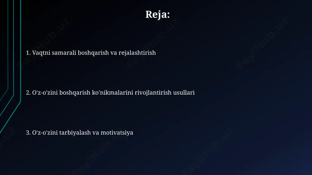 h va samarali yechimlarni ishlab chiqishga yordam beradi. o'z-o'zini baholash va takomillashtirish o'z-o'zini takomillashtirish jarayonida kamida 3 ta maqsad belgilash va ularga erishish uchun aniq strategiyalar ishlab chiqish muhim hisoblanadi. o'z-o'zini baholashda 5 balldan iborat shkala yordamida kuchli va zaif tomonlaringizni aniqlash va ular ustida 3 oylik reja tuzish samarali bo'ladi. stressni boshqarish va emotsional intellekt stressni boshqarishning samarali usullaridan biri – kuniga kamida 15 daqiqa meditatsiya yoki chuqur nafas olish mashqlarini bajarish bo'lib, bu emotsional intellektni rivojlantirishga yordam beradi. emotsional intellektning 4 asosiy komponenti (o'z-o'zini anglash, o'z-o'zini boshqarish, ijtimoiy onglilik va munosabatlarni boshqarish)ni rivojlantirish stressga chidamliligini sezilarli darajada oshiradi. o'z-o'zini boshqarish ko'nikmalarini rivojlantirishning asosiy tamoyillari o'z-o'zini tanqid qilish va muvaffaqiyatsizliklardan saboq olish, shaxsiy rivojlanishning 70% ini tashkil etadi, shuning uchun o'z xatolaringizdan tajriba orttirish muhimdir. muvaffaqiyatli o'z-o'zini boshqarish uchun kamida 5 ta asosiy ko'nikmani (vaqtni boshqarish, stressni boshqarish, motivatsiyani oshirish, muammolarni hal qilish, samaradorlikni oshirish) rivojlantirish zarur. e'tiboringiz uchun …