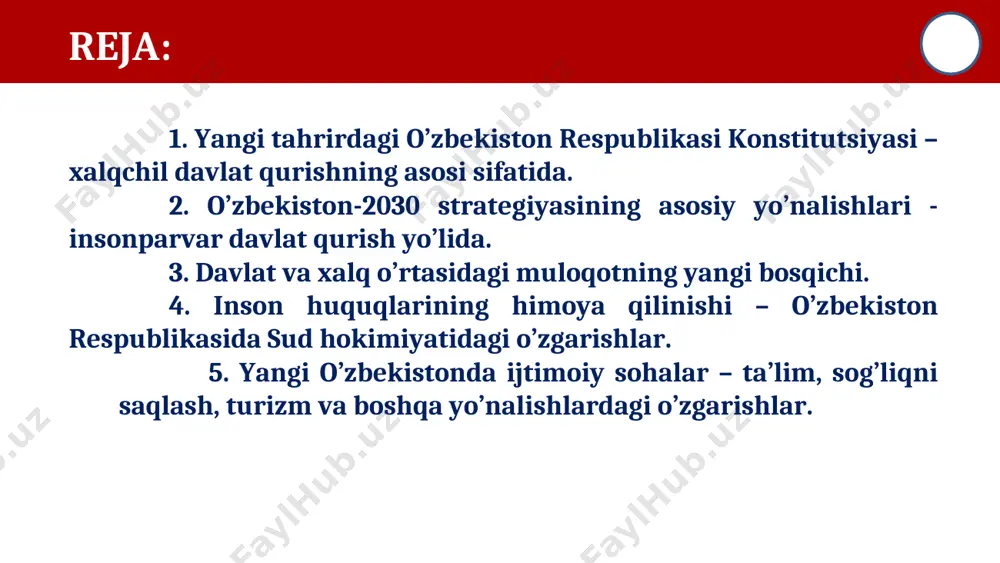 nosabatlarida yuzaga keladigan qonunchilikdagi barcha ziddiyatlar va noaniqliklar inson foydasiga talqin etiladi. i. har bir insonga o‘z salohiyatini ro‘yobga chiqarishi uchun munosib sharoitlarni yaratish aholi salomatligini ta’minlash bo‘yicha islohotlar 9 ta maqsad ijtimoiy xizmatlar ko‘rsatish va kambag‘allikni qisqartirish bo‘yicha islohotlar mamlakatda kambag‘allik darajasini qisqartirish professional ijtimoiy xizmatlarni ko‘rsatish tizimini tubdan takomillashtirish nogironligi bo‘lgan shaxslarni qo‘llab-quvvatlash bo‘yicha yangi tizimni yaratish hamda ular uchun qulay va maqbul muhitni yaratish. 8 ta maqsad yoshlarga oid davlat siyosati va sport yo‘nalishlaridagi islohotlar 8 ta maqsad ma’naviy taraqqiyotni ta’minlash va madaniyat sohasini yangi bosqichga olib chiqish bo‘yicha islohotlar jamiyatda ijtimoiy-ma’naviy muhit barqarorligini ta’minlash o‘zbek va jahon adabiyoti durdonalarini keng ommalashtirish, jamiyatda kitobxonlikni hamda aholiga axborot-kutubxona xizmatini ko‘rsatishni rivojlantirish milliy kinematografiyani rivojlantirish 8 ta maqsad ii. barqaror iqtisodiy o‘sish orqali aholi farovonligini ta’minlash 2030-yilga qadar iqtisodiyot hajmini 2 barobar oshirish va “daromadi o‘rtachadan yuqori bo‘lgan davlatlar” qatoriga kirish. sanoatning “drayver” sohalarini rivojlantirish va hududlarning sanoat salohiyatini …