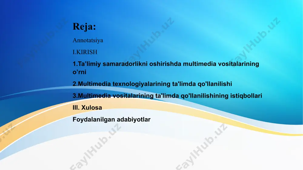 texnologiyalariga avvalo, tovushlar, video-elementlarni qayta ishlovchi vositalar kiradi. bundan tashqari, multiplikatsiya (animatsiya) va yuqori sifatli grafika ham multimedia texnologiyalari qatoriga kiradi. ehtimol, kelajakda multimedia vositalari ma'lumotning boshqa turlari, masalan, virtual voqelik bilan ishlash imkonini berishi ham mumkin. multimedia vositalari yordamida shaxsga yo'naltirilgan ta'limni amalga oshirish jarayoni zamonaviy, ko'ptarmoqli, predmetga yo'naltirilgan multimediali o'quv vositalarini ishlab chiqishni va foydalanishni talab etadi. ular tarkibiga keng ma'lumotlar bazasi, ta'lim yo'nalishi bo'yicha bilimlar bazasi, sun'iy intellekt tizimlari, ekspert-o'rgatuvchi tizimlar, o'rganilayotgan jarayon va hodisalarning matematik modelini yaratish imkoniyati bo'lgan laboratoriya amaliyotlari kiradi. multimedia vositalarini ta'limda qo'llash quyidagilarga imkoniyat yaratadi: •ta'limning gumanizasiyalashuvini ta'minlash; ta'lim oluvchining shaxsiy tajribasi va individual xususiyatlarini hisobga olish; •o'quv jarayonining samaradorligini oshirish; mustaqil o'quv faoliyatini olib borish, bunda ta'lim oluvchi mustaqil o'qib va rivojlanib boradi; ta'lim oluvchining kommunikativ va ijtimoiy qobiliyatlarini rivojlantirish; •ta'lim oluvchilarda, o'zlarining kasbiy vazifalarini muvaffaqiyatli bajarish uchun hozirgi tez o'zgaruvchan ijtimoiy sharoitlarga moslashuviga yordam beradigan zamonaviy ta'lim texnologiyalaridan foydalanish ko'nikmalarini …