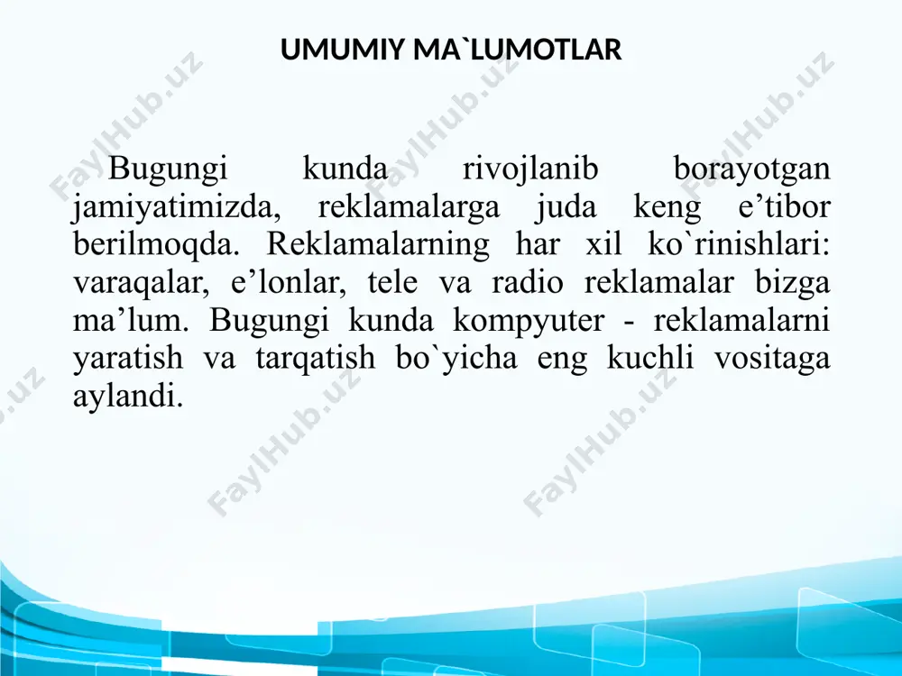 aqt) –slaydning pastgi chap burchagida turuvchi obyekt; “нижний колонтитул” (quyi kolontitul) –foydalanish kerak bo`lganda ishlatilinuvchi obyekt; “номер слайда” (slayd raqami) –ish jarayonida slaydga avtomatik o`rnatiluvchi maxsus obyekt. e’tiboringiz uchun raxmat image2.png image3.png image4.png image5.png image6.png image1.png /docprops/thumbnail.jpeg